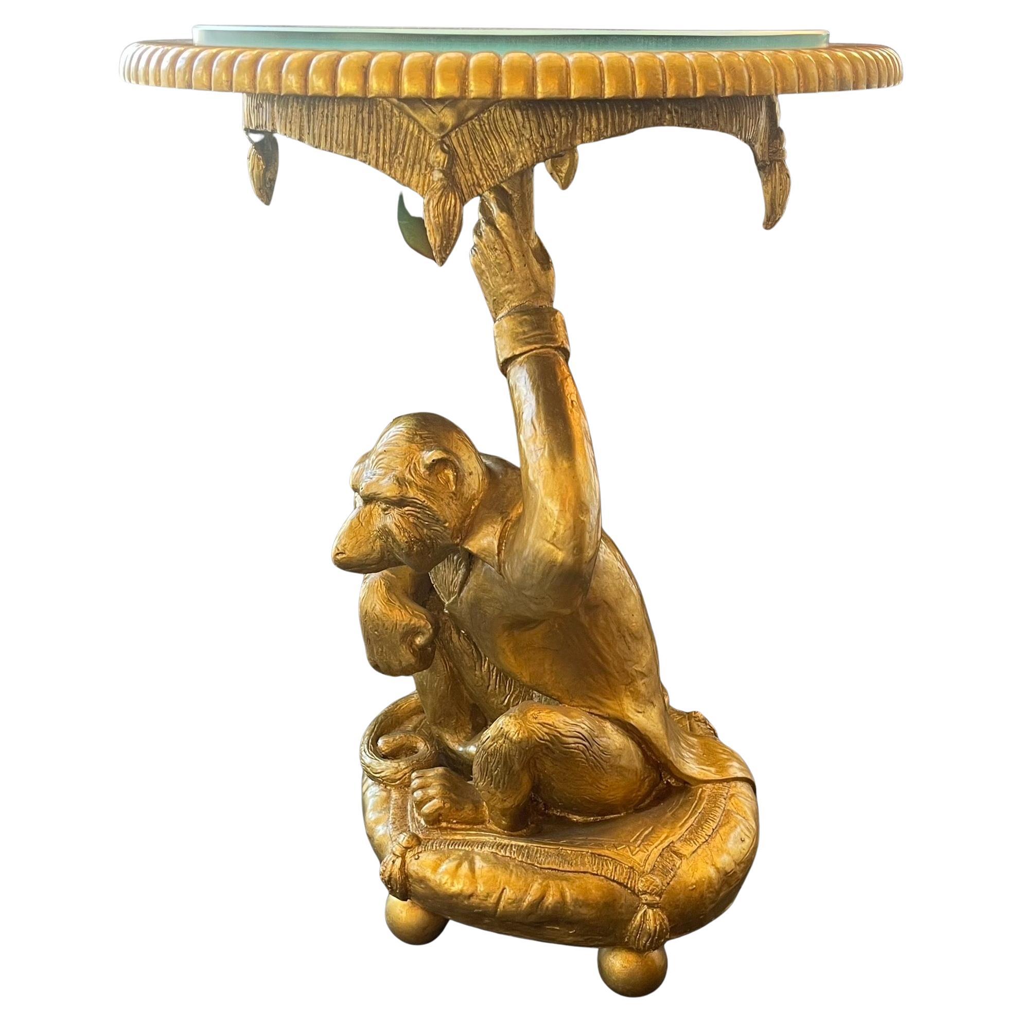 Wonderful Pair Gold Leaf Carved Wood Monkey Figures Resting Pillows Glass Tables 2
