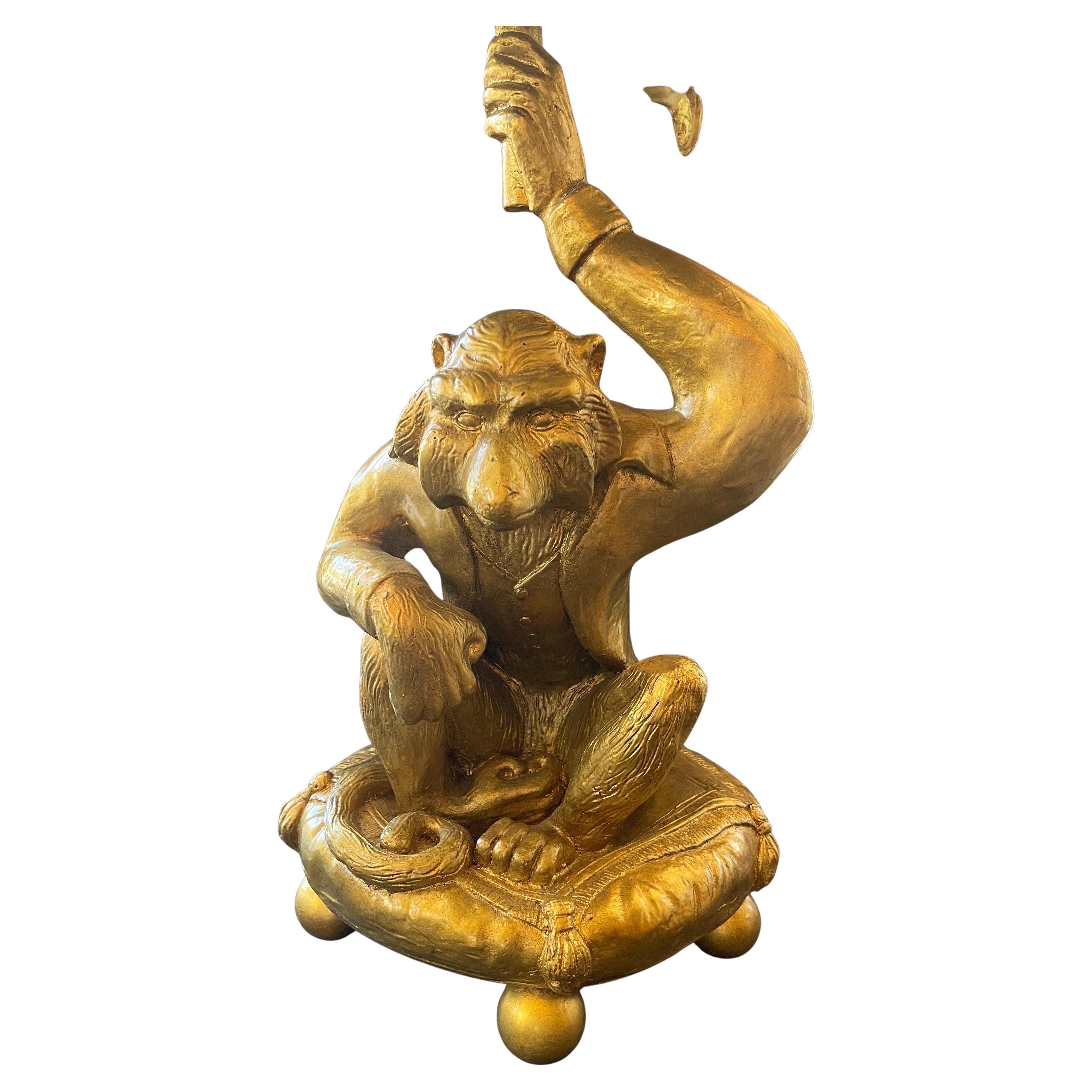Wonderful Pair Gold Leaf Carved Wood Monkey Figures Resting Pillows Glass Tables 4