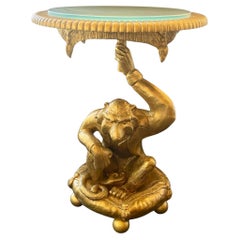 Wonderful Pair Gold Leaf Carved Wood Monkey Figures Resting Pillows Glass Tables