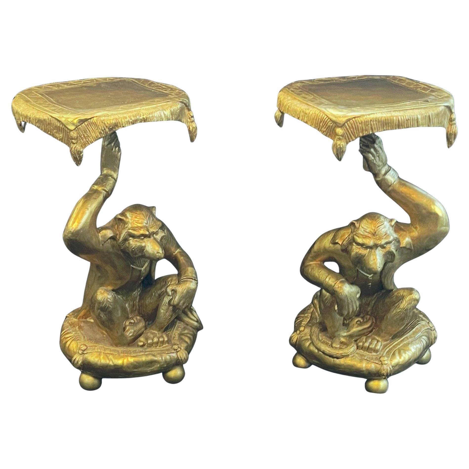 A Wonderful Pair Of Gold Leaf Carved Wood Monkey Figures Resting On Pillows With Tassels Holding Fringed Pillow Table Tops