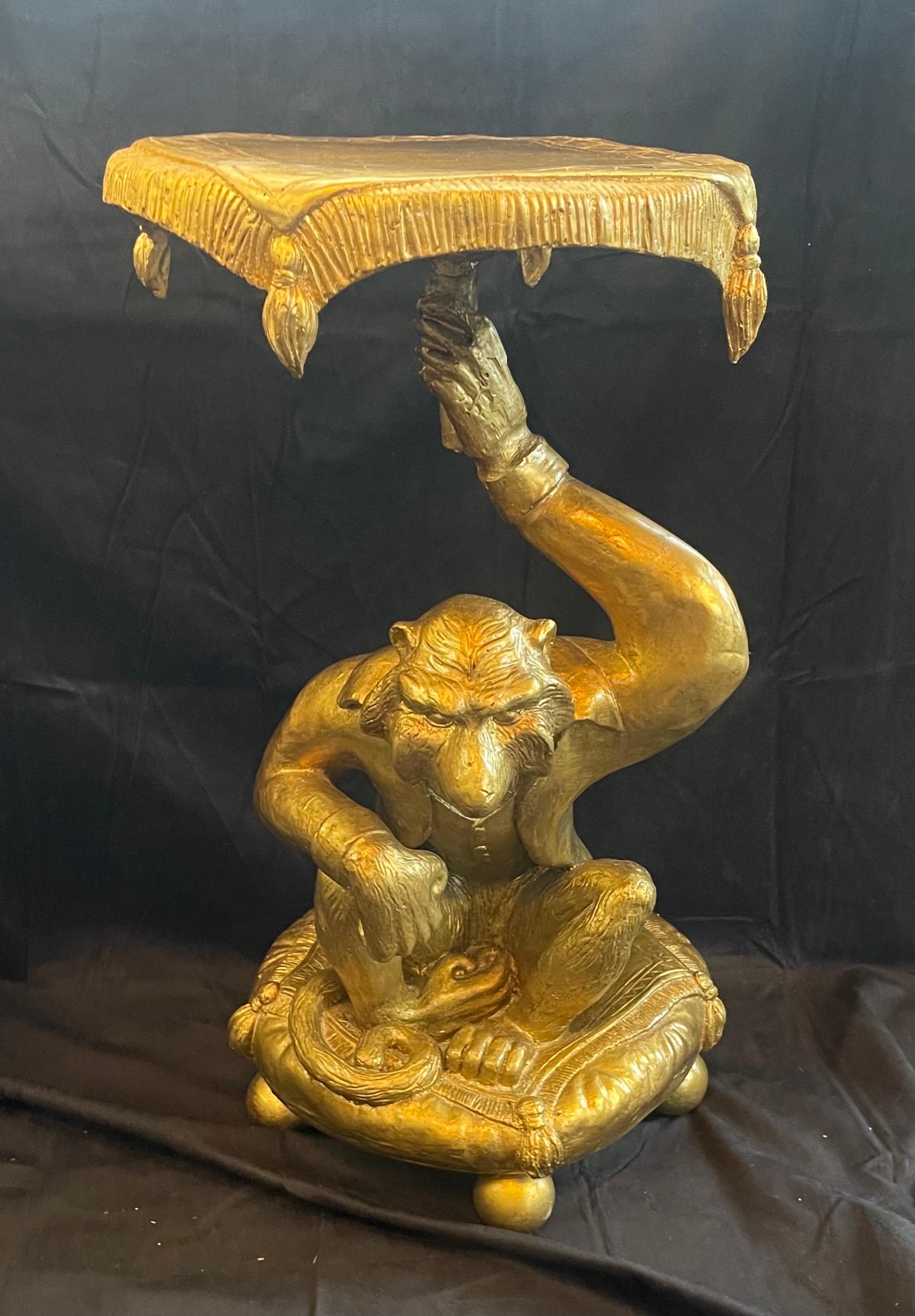 Hand-Carved Wonderful Pair Gold Leaf Carved Wood Monkey Full Figures Resting Pillows Tables For Sale
