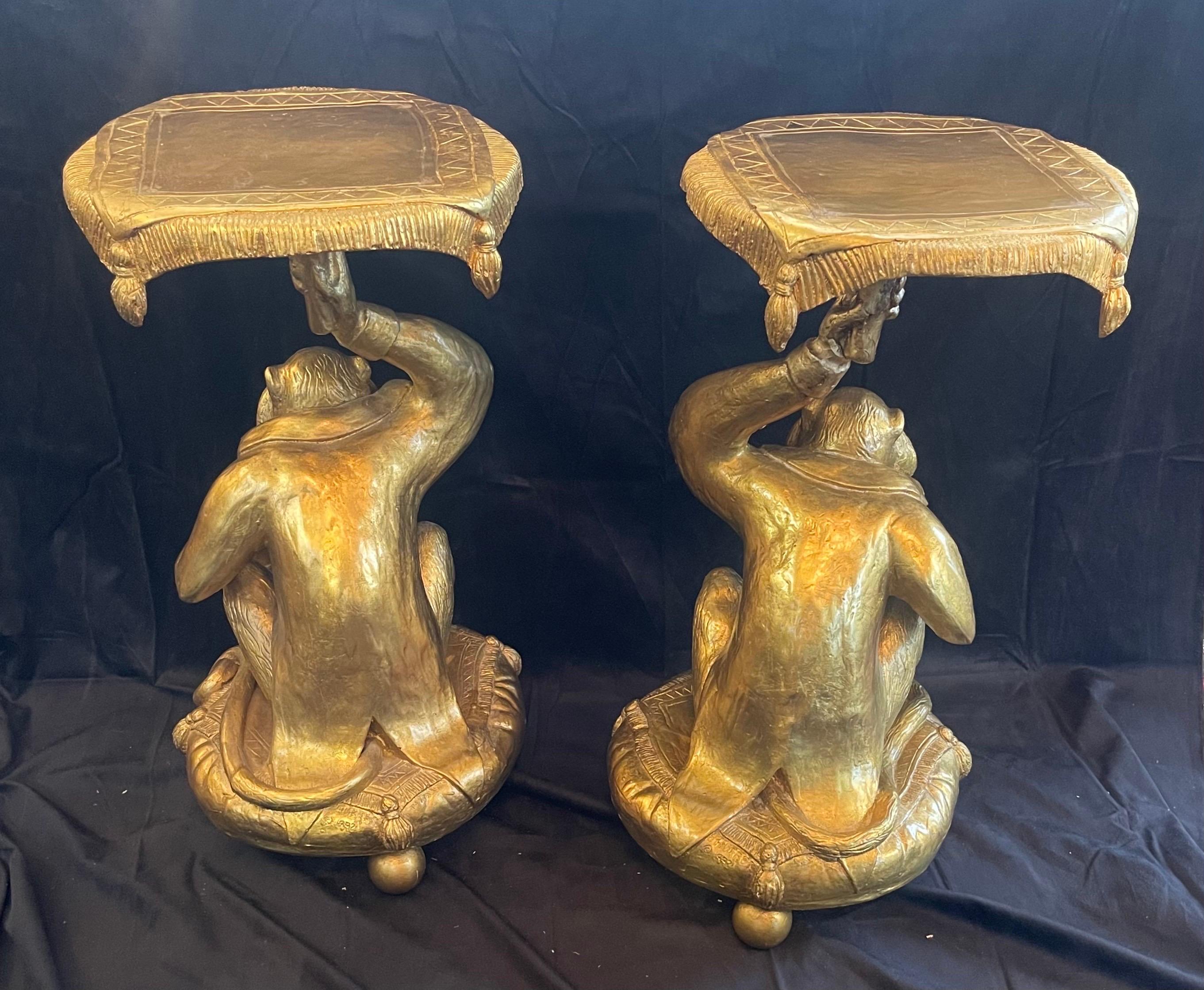 Wonderful Pair Gold Leaf Carved Wood Monkey Full Figures Resting Pillows Tables In Good Condition For Sale In Roslyn, NY