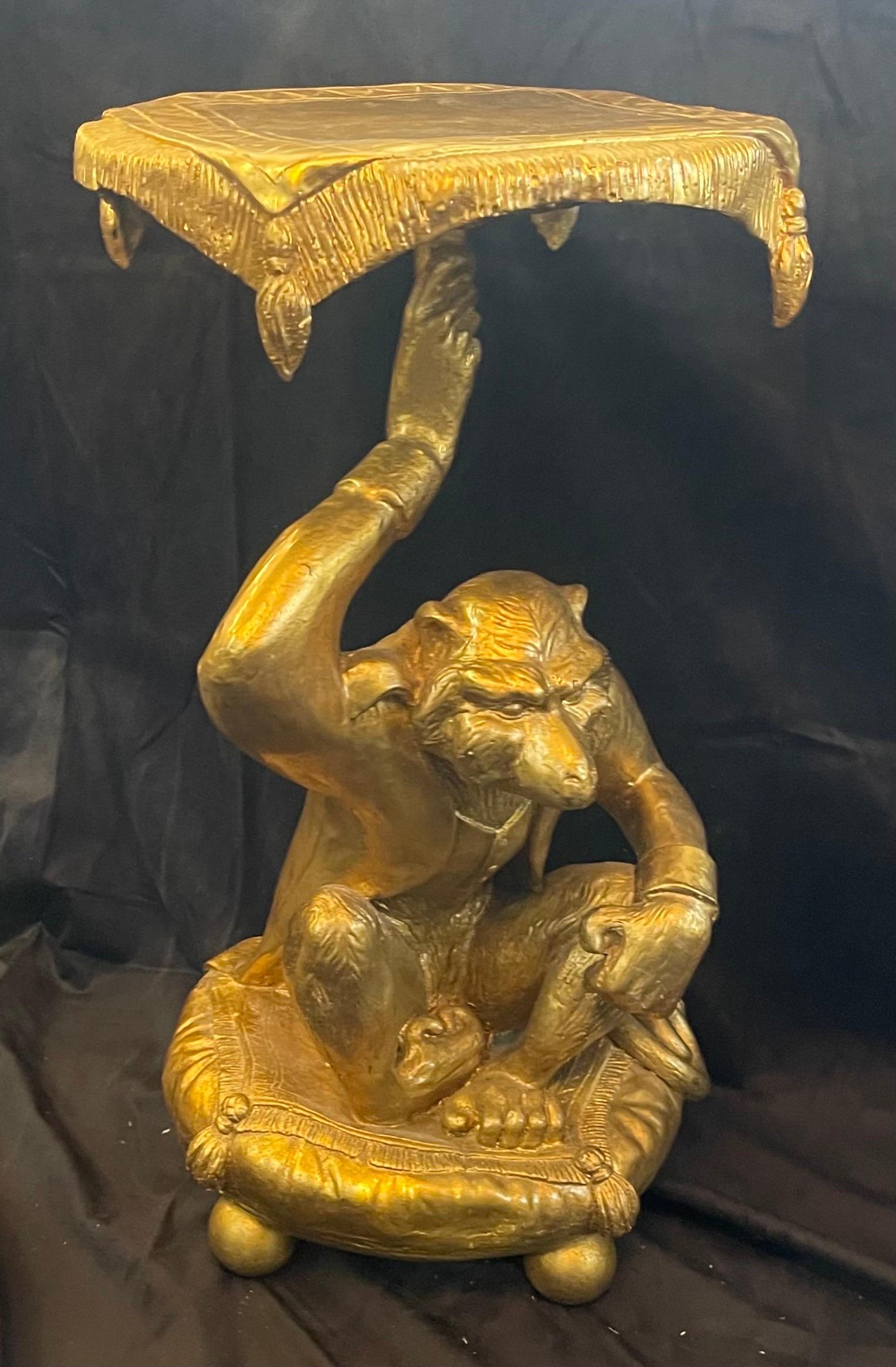20th Century Wonderful Pair Gold Leaf Carved Wood Monkey Full Figures Resting Pillows Tables For Sale