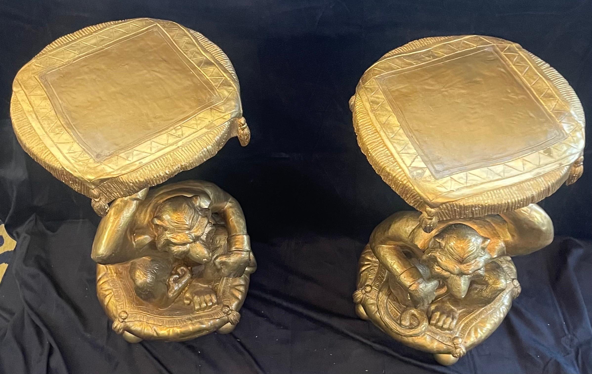 Wonderful Pair Gold Leaf Carved Wood Monkey Full Figures Resting Pillows Tables For Sale 1