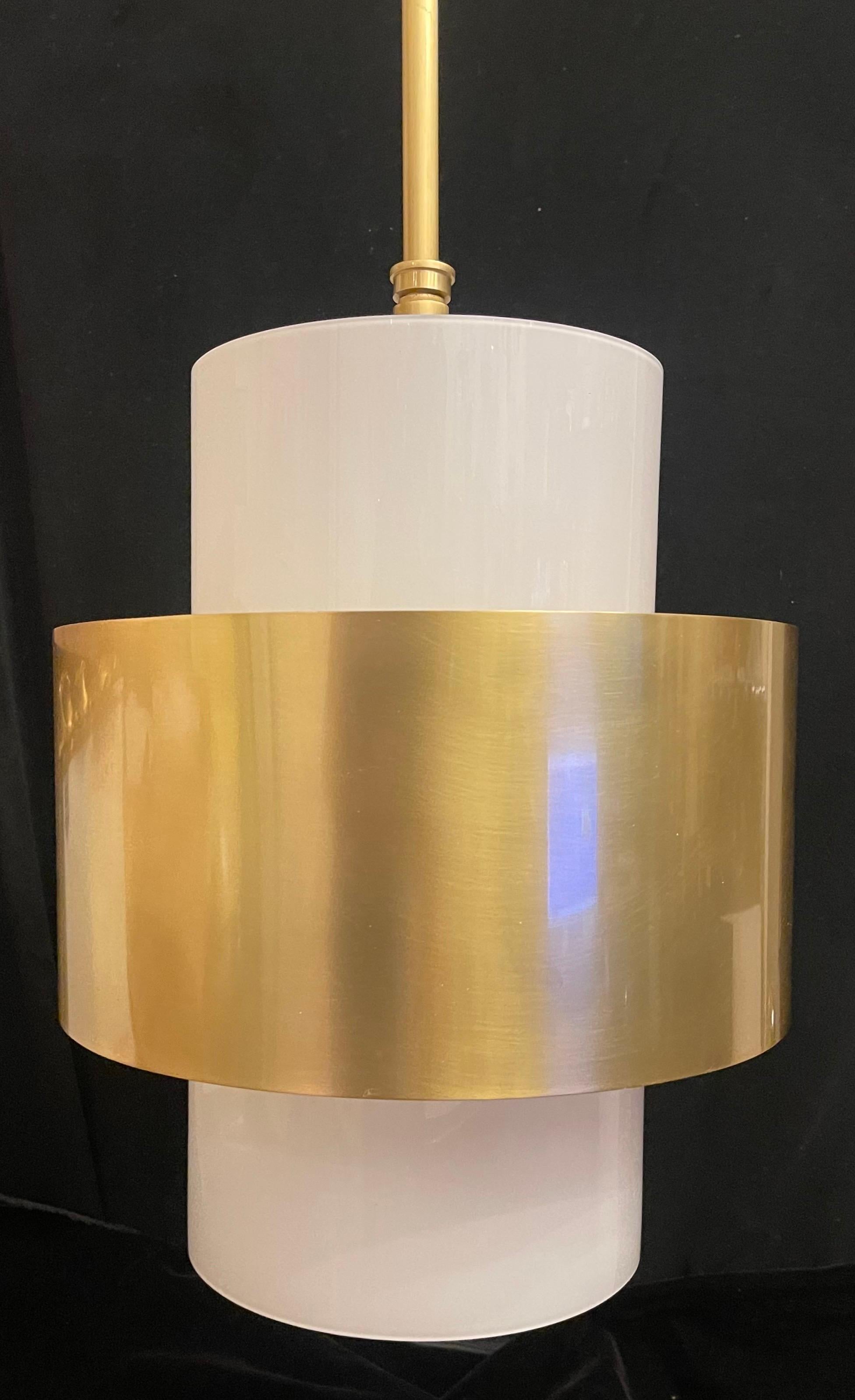 Modern Wonderful Pair Hudson Valley Lighting Corinth Brass Milk Glass Cylinder Fixtures For Sale