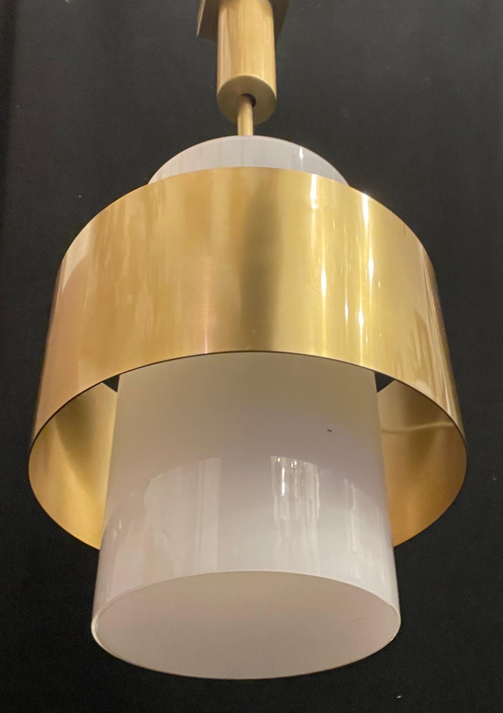 Wonderful Pair Hudson Valley Lighting Corinth Brass Milk Glass Cylinder Fixtures In Good Condition For Sale In Roslyn, NY