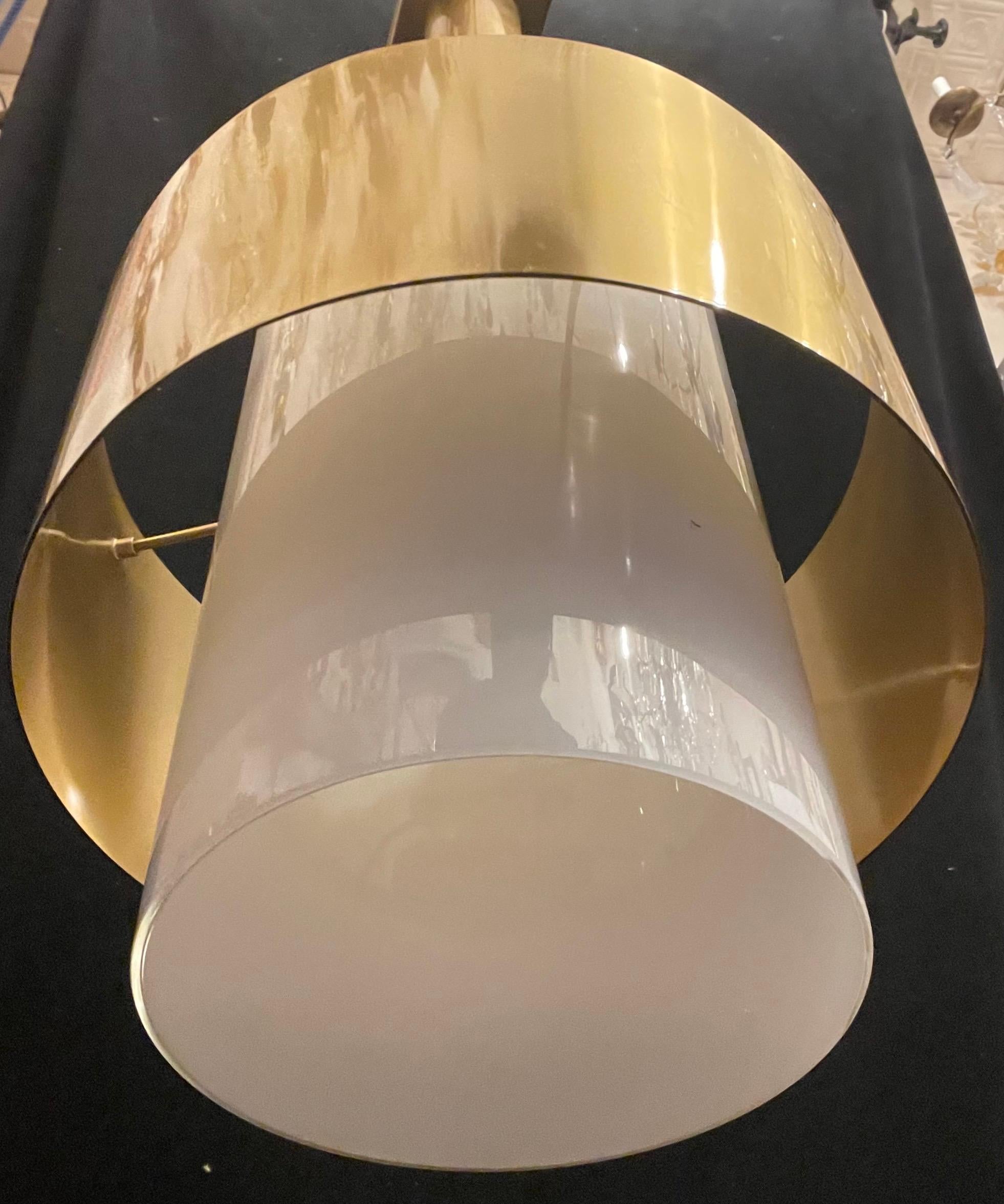 20th Century Wonderful Pair Hudson Valley Lighting Corinth Brass Milk Glass Cylinder Fixtures For Sale