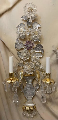 Wonderful Pair Italian Petite Rock Crystal Baguès Urn Flower Form Nestle Sconces