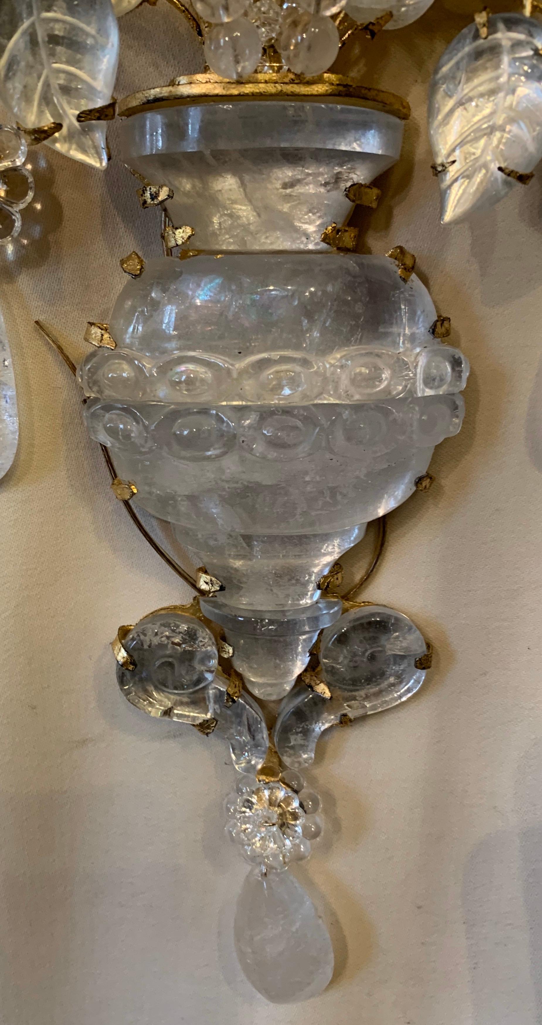 Wonderful Pair Italian Petite Rock Crystal Baguès Urn Flower Form Nestle Sconces In Good Condition For Sale In Roslyn, NY