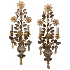 Pair of Italian Petite Rock Crystal Baguès Urn Flower Form Nestle Sconces