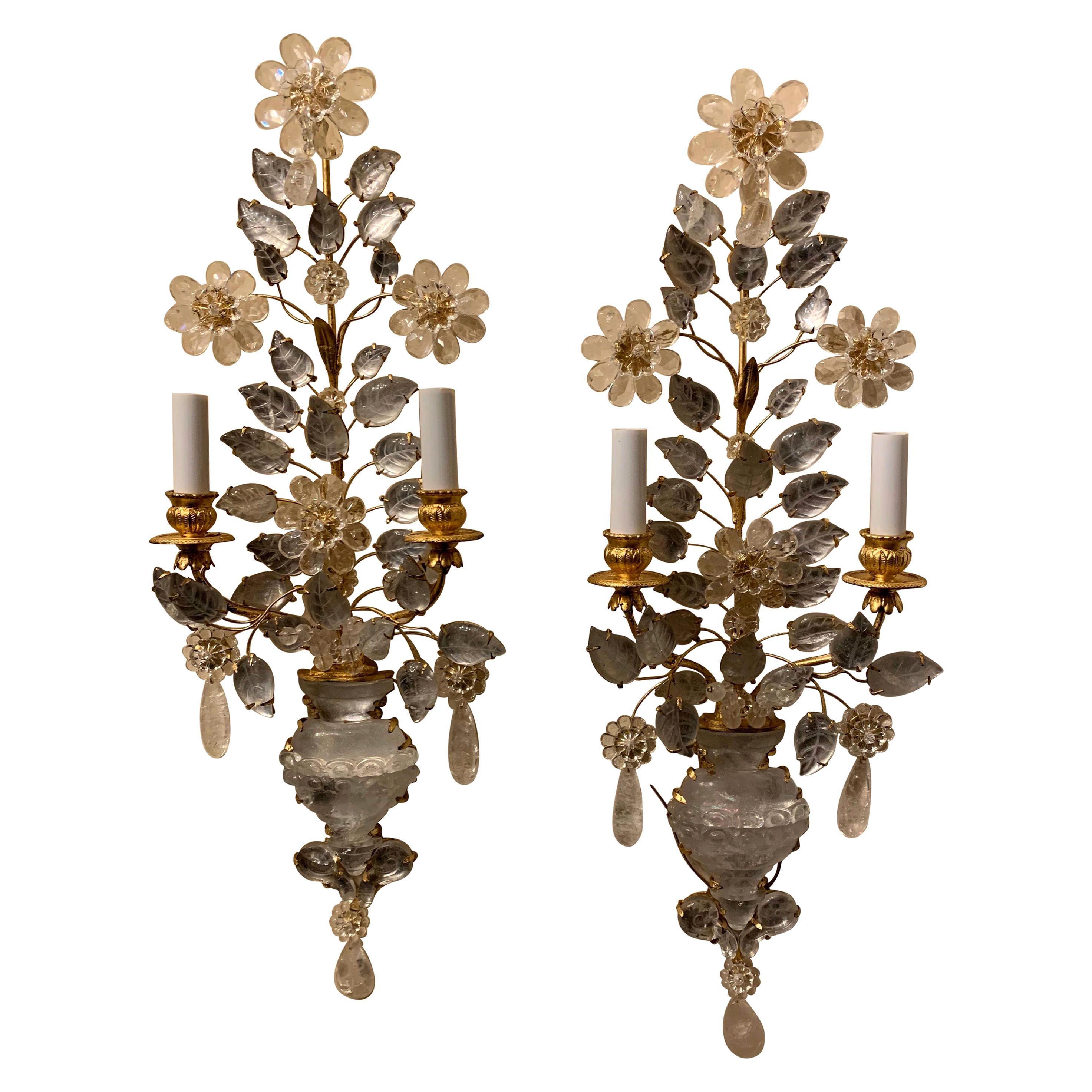 Wonderful Pair Italian Petite Rock Crystal Baguès Urn Flower Form Nestle Sconces For Sale