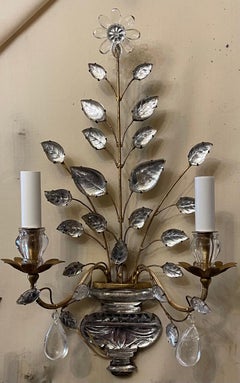 Wonderful Pair Italian Rock Crystal Baguès Urn Bouquet Leaf Spray Flower Sconces