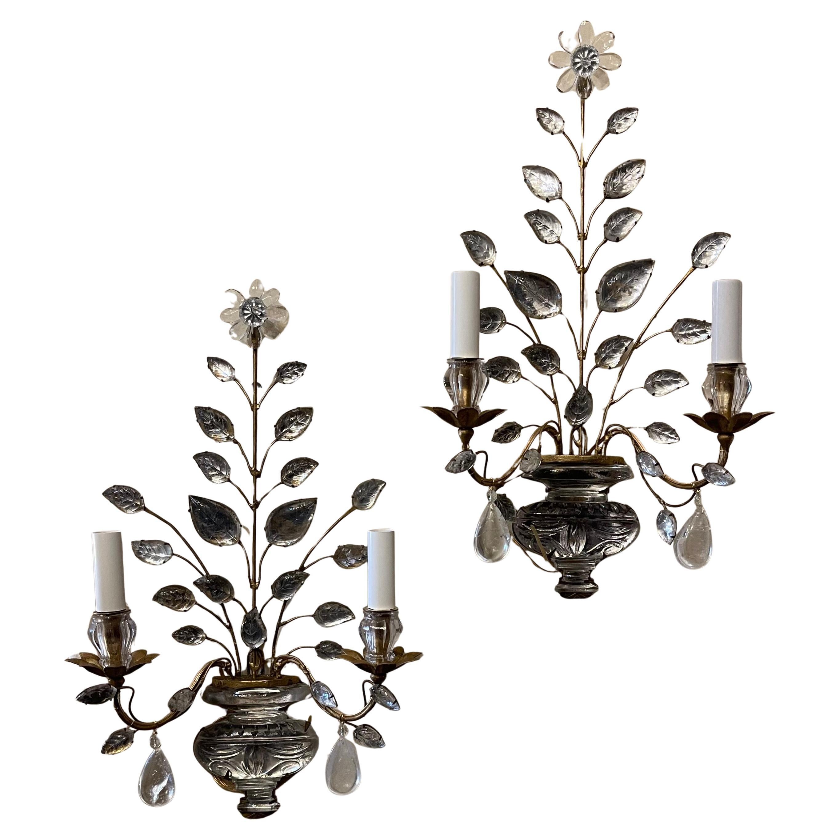 Wonderful Pair Italian Rock Crystal Baguès Urn Bouquet Leaf Spray Flower Sconces