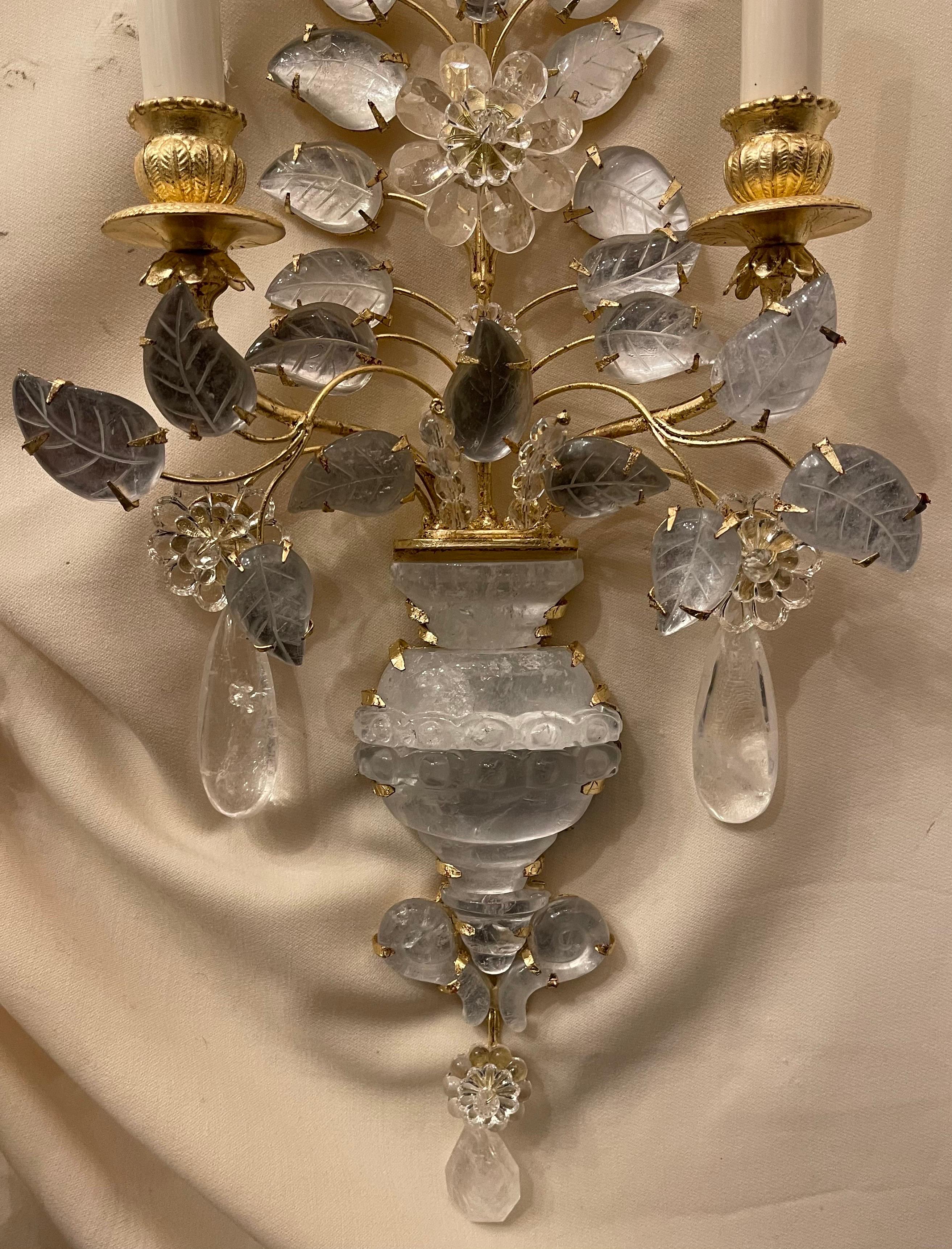Wonderful Two Pairs Italian Rock Crystal Baguès Urn Flower Gilt Nestle Sconces In Good Condition For Sale In Roslyn, NY