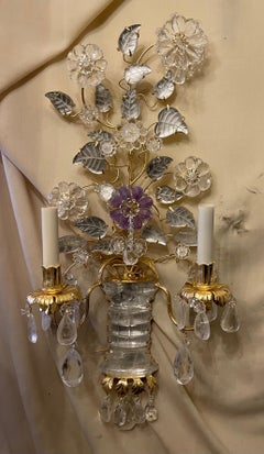 Wonderful Pair Italian Rock Crystal Baguès Urn Flower Leaf Bouquet Gilt Sconces