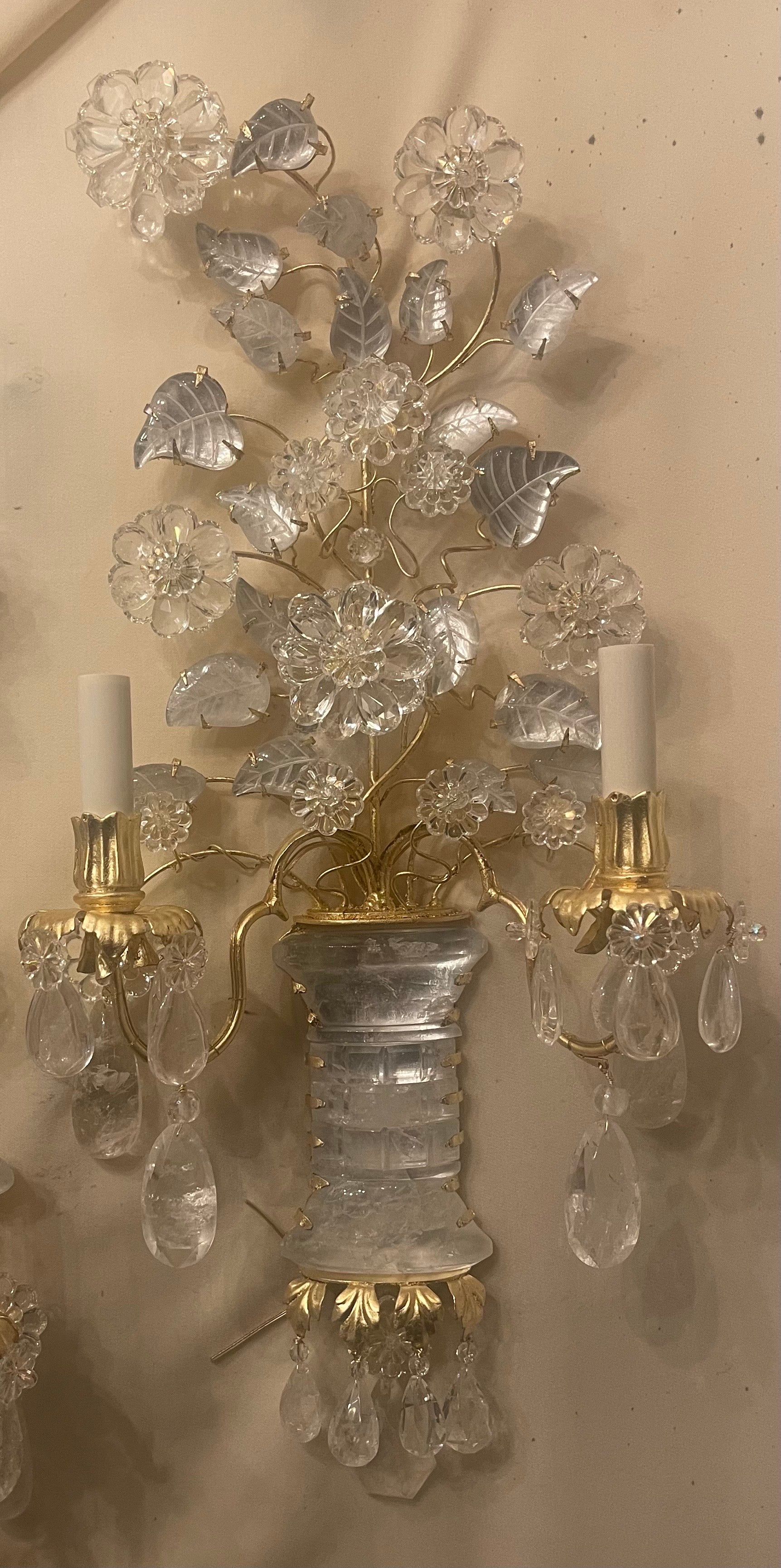 A Wonderful Pair Of Italian Rock Crystal & Crystal Baguès Style Urn With Flowers & Leaf Bouquet Gold Leaf Gilt 2 Candelabra Light Sconces
