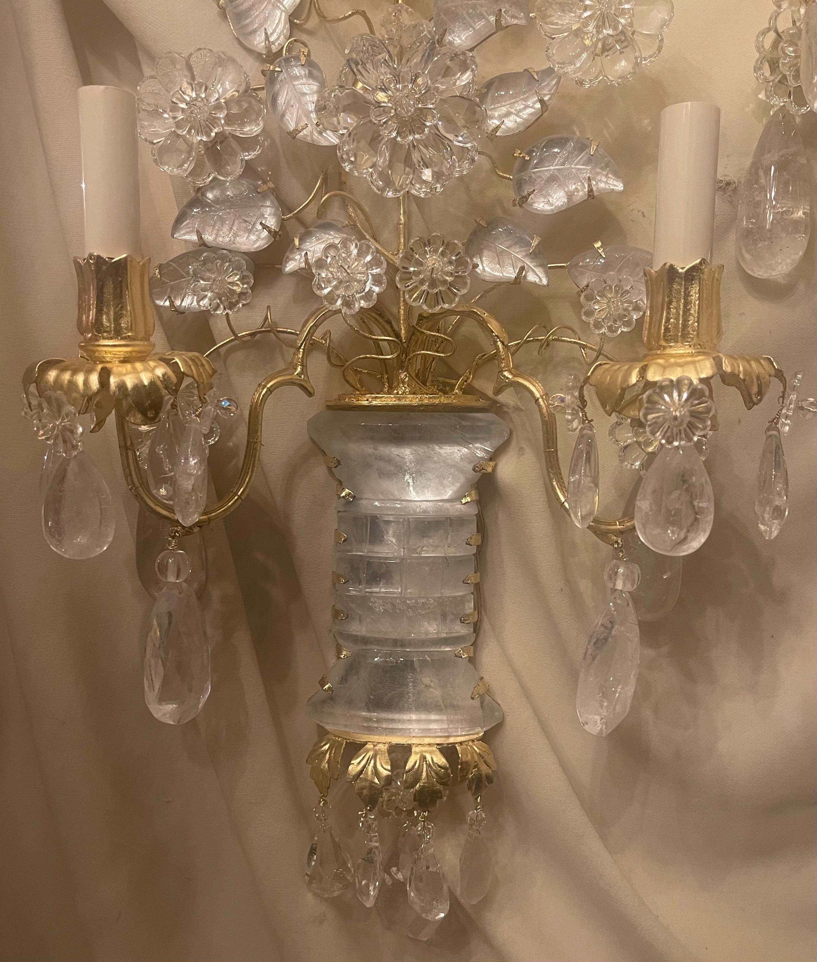 Belle Époque Wonderful Pair Italian Rock Crystal Baguès Urn Flower Leaf Bouquet Gilt Sconces