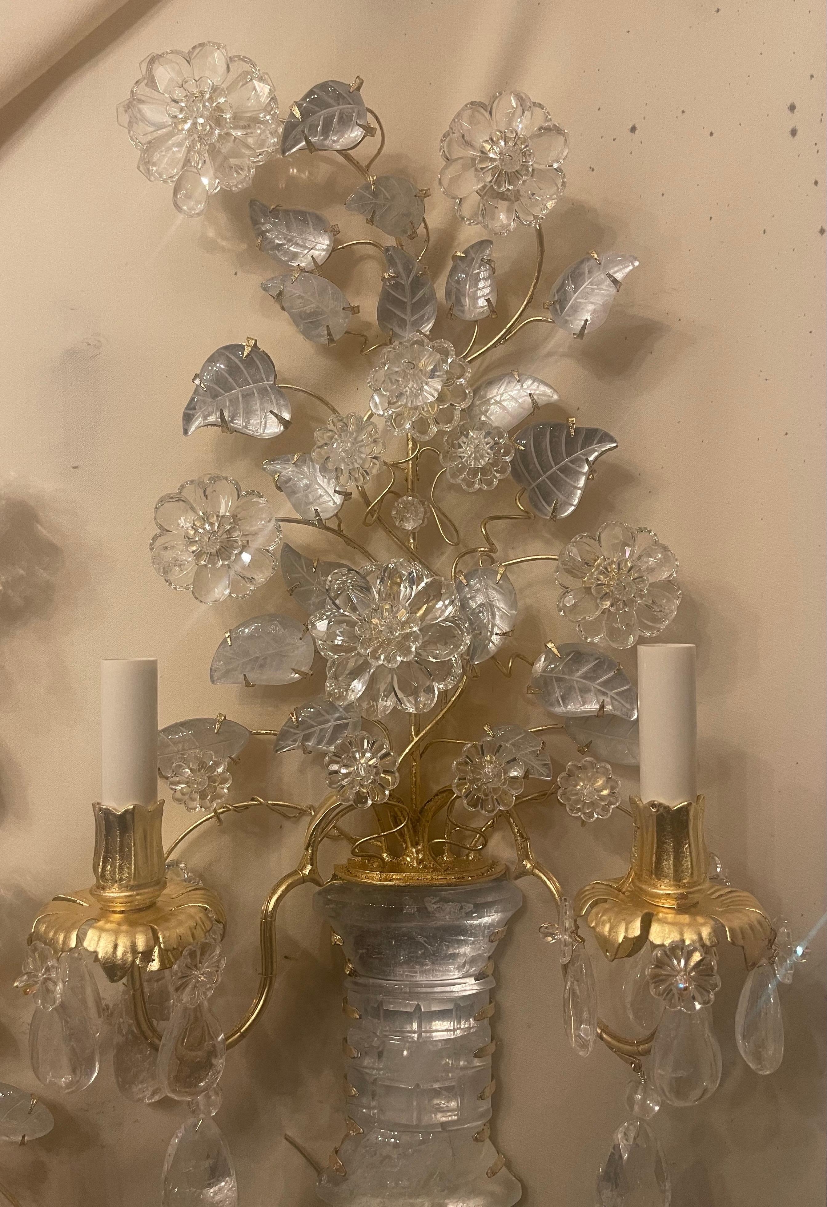 Wonderful Pair Italian Rock Crystal Baguès Urn Flower Leaf Bouquet Gilt Sconces In Good Condition In Roslyn, NY
