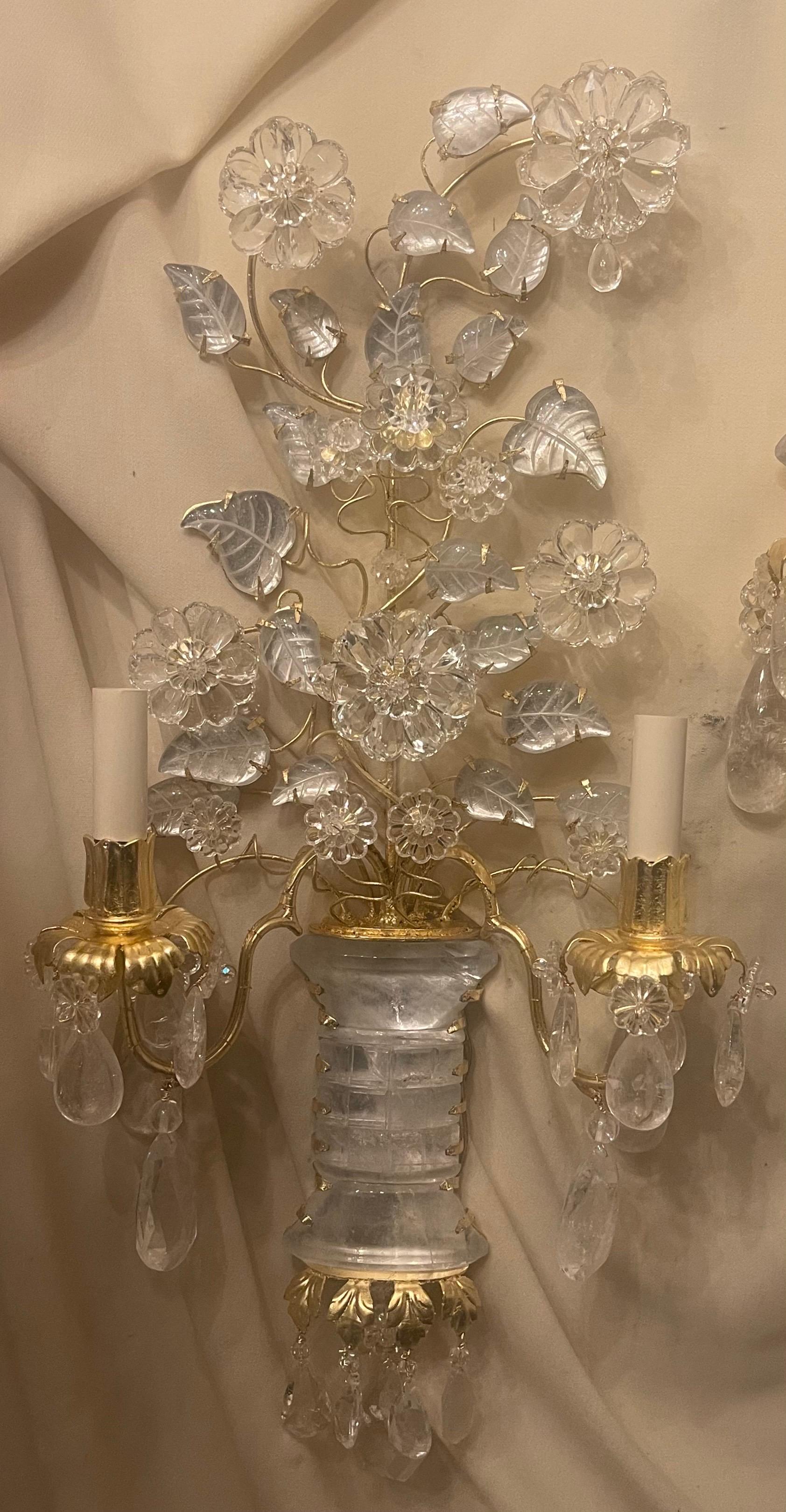 20th Century Wonderful Pair Italian Rock Crystal Baguès Urn Flower Leaf Bouquet Gilt Sconces