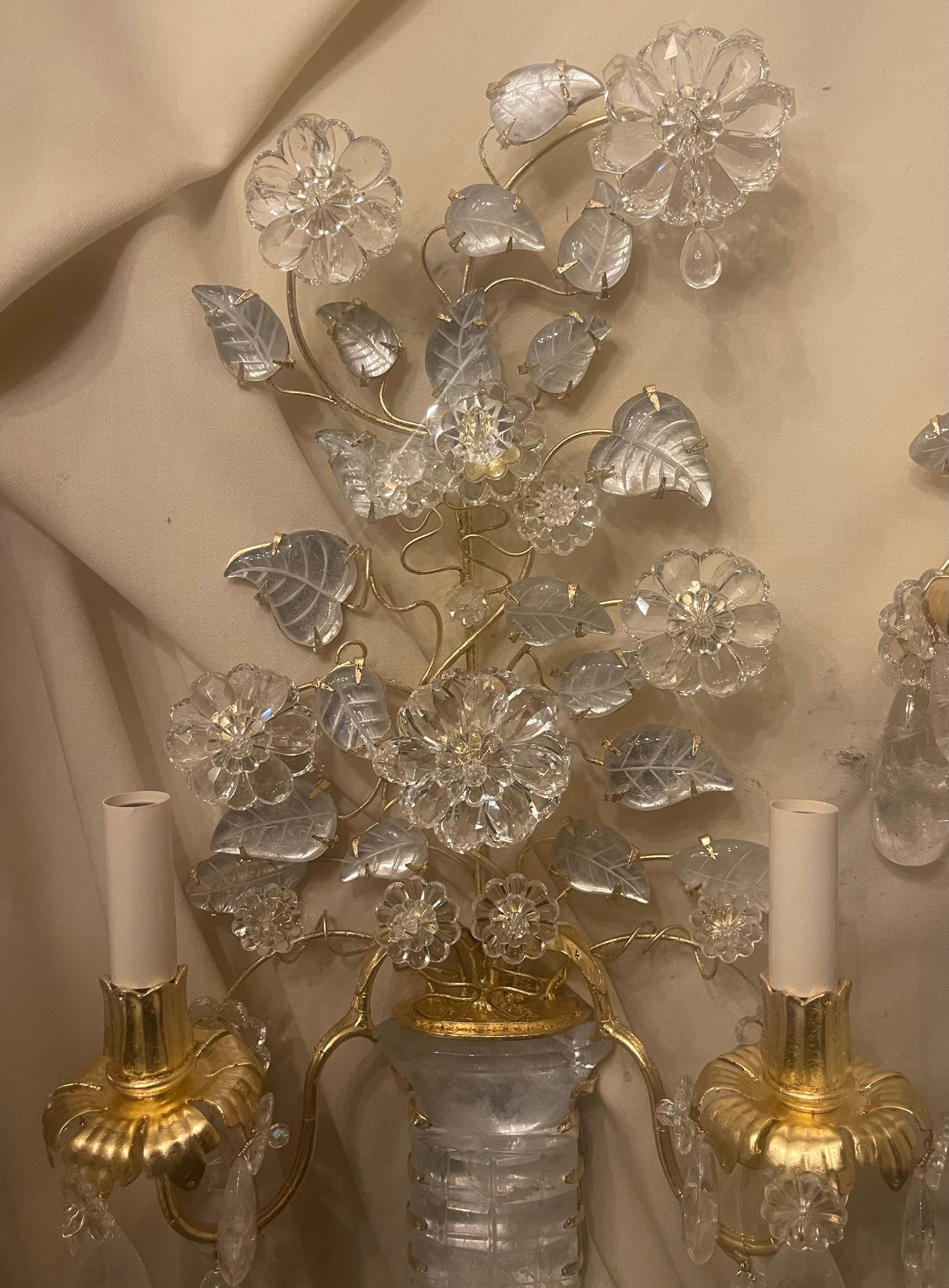Wonderful Pair Italian Rock Crystal Baguès Urn Flower Leaf Bouquet Gilt Sconces 1