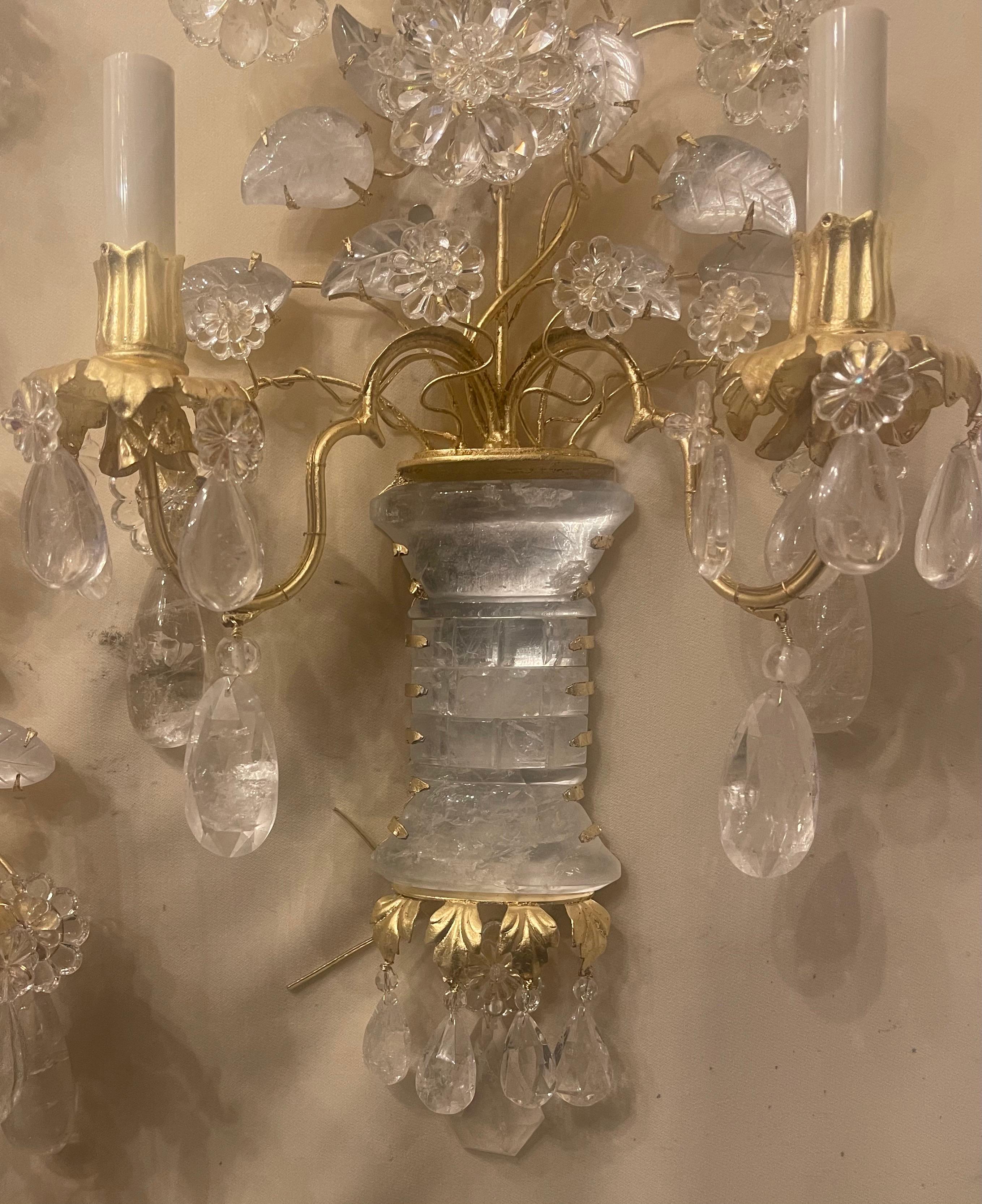 Wonderful Pair Italian Rock Crystal Baguès Urn Flower Leaf Bouquet Gilt Sconces 2