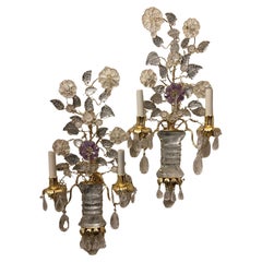 Wonderful Pair Italian Rock Crystal Baguès Urn Flower Leaf Bouquet Gilt Sconces