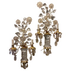 Wonderful Pair Italian Rock Crystal Baguès Urn Flower Leaf Bouquet Gilt Sconces