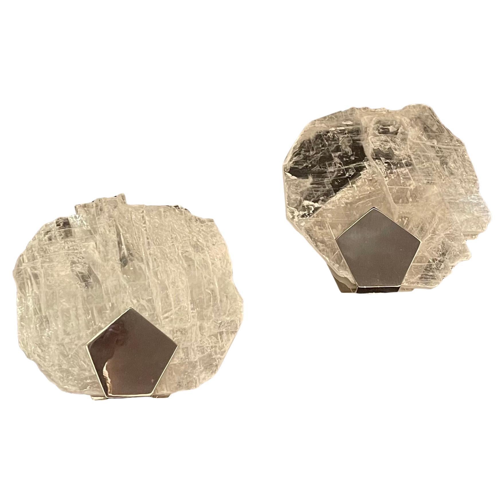 Wonderful Pair John Richard Stainless Selenite Rock Crystal Nickel Wall Sconces For Sale
