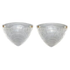 Wonderful Pair Lalique Molded Frosted Art Glass Coquilles Shell Wall Sconces