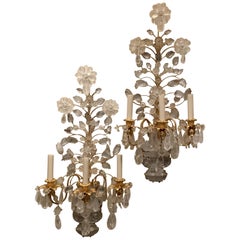 Wonderful Pair Large Bagues Rock Crystal Gold Gilt Urn Flower Leaf Sconces