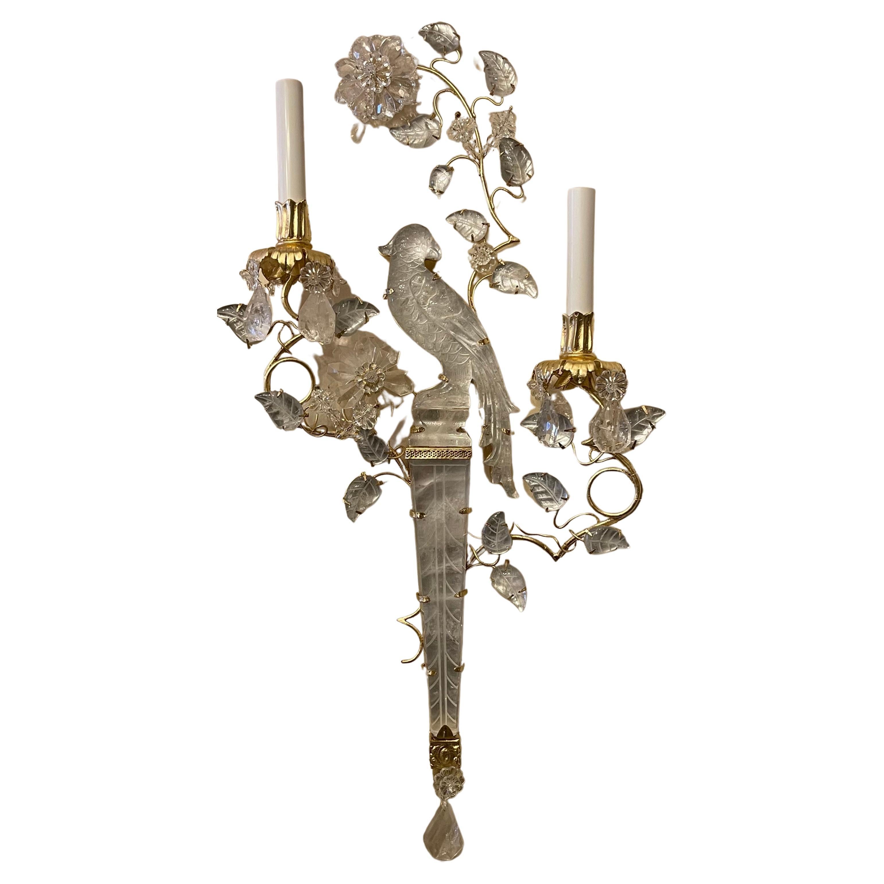 A Wonderful Pair Of Large Bagues Style Rock Crystal Two-Arm Candelabra Socket Gold Gilt Bird / Parrot Resting On Leaf Center Shaft Sconces
Completely Rewired With New Sockets