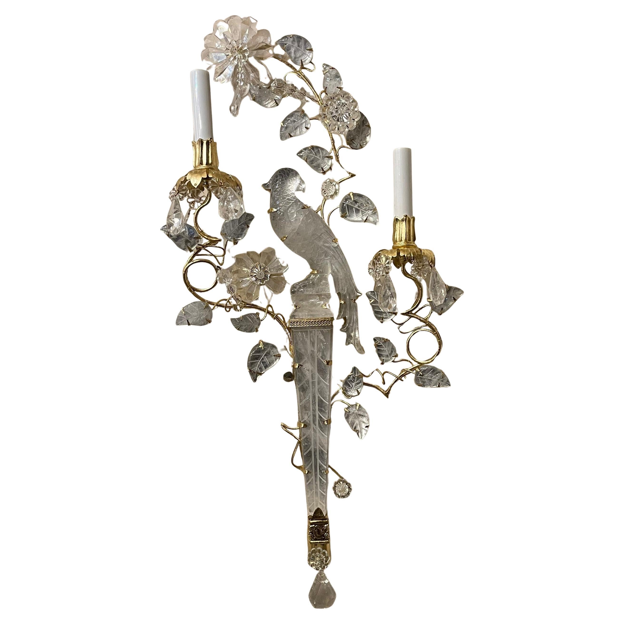 A Wonderful Pair Of Large Bagues Style Rock Crystal Two Candelabra Light  Gold Leaf Gilt Bird / Parrot Resting On A Carved Leaf Center Shaft, Sconces
Completely Rewired With New Sockets