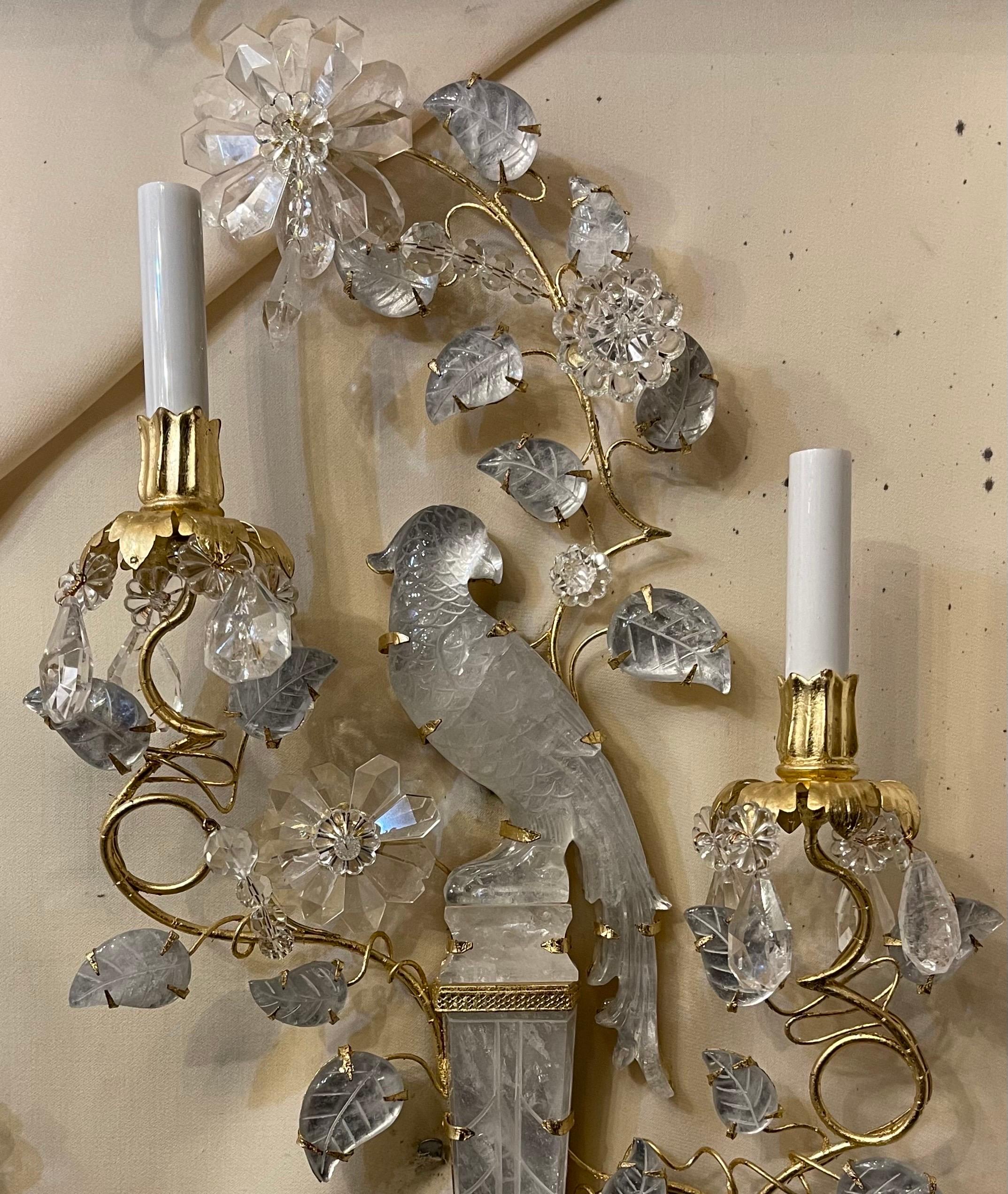 Italian Wonderful Pair Large Bagues Rock Crystal Two-Arm Gold Gilt Bird Parrot Sconces For Sale