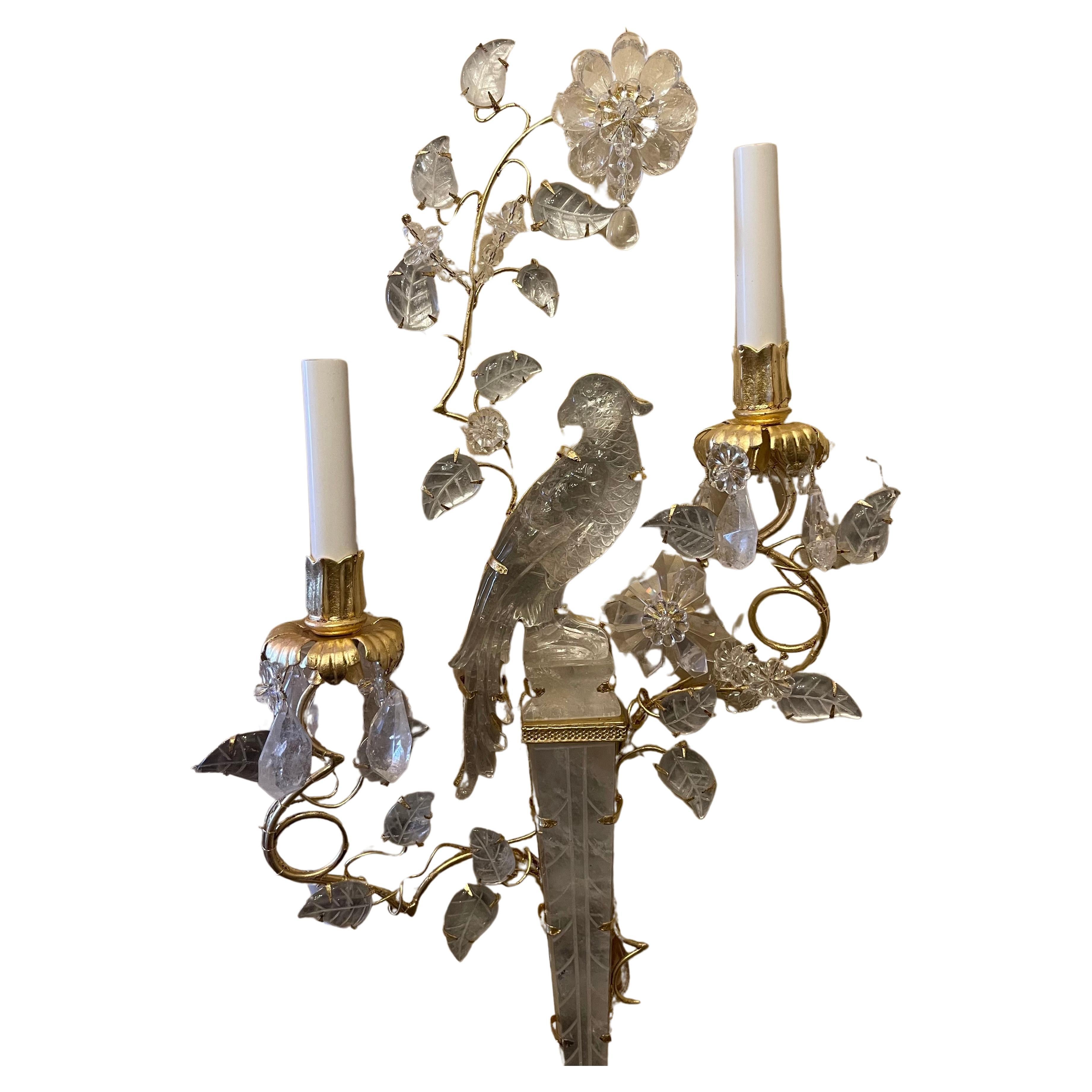 Italian Wonderful Pair Large Bagues Rock Crystal Two-Arm Gold Gilt Bird Parrot Sconces For Sale