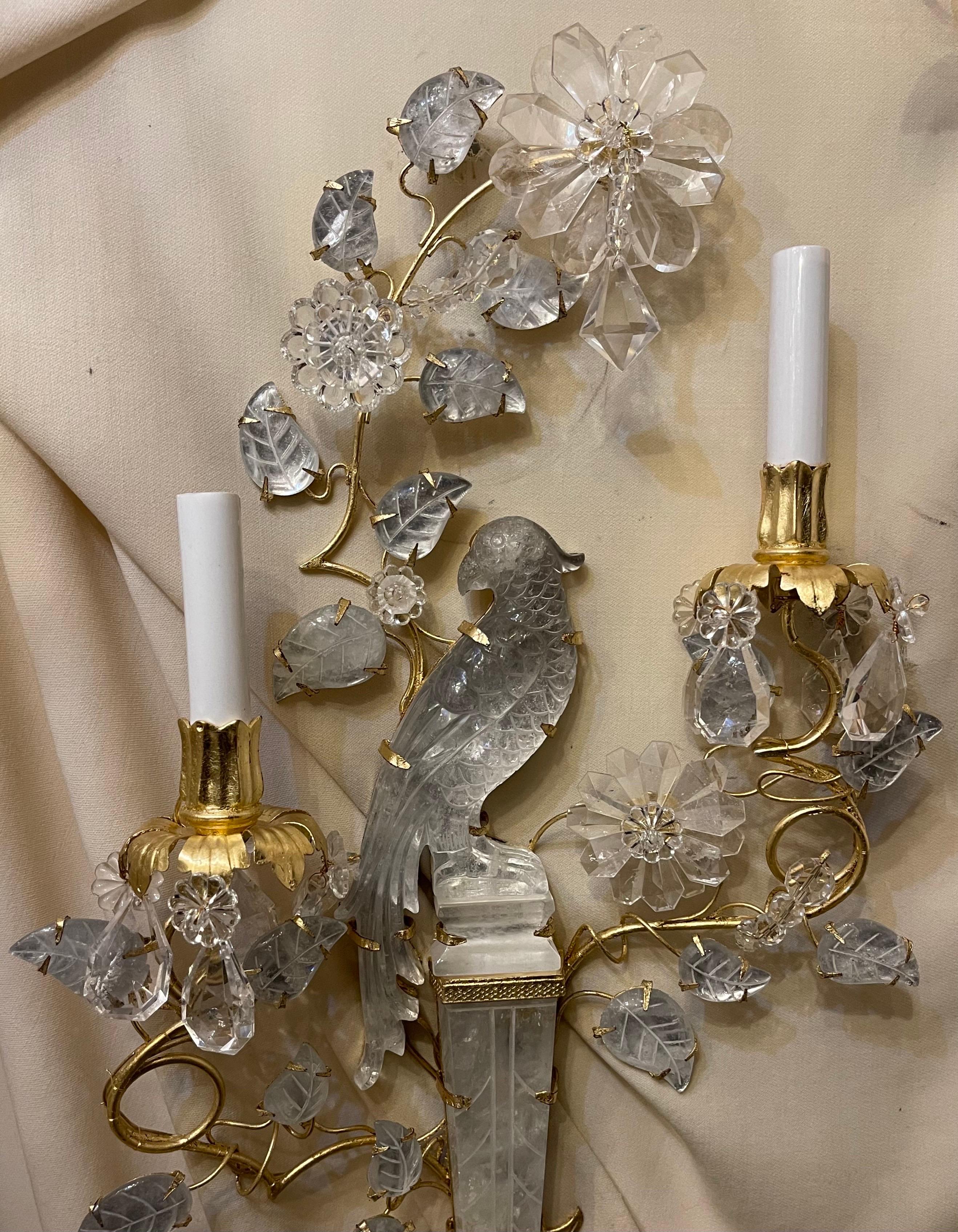 Wonderful Pair Large Bagues Rock Crystal Two-Arm Gold Gilt Bird Parrot Sconces In Good Condition For Sale In Roslyn, NY