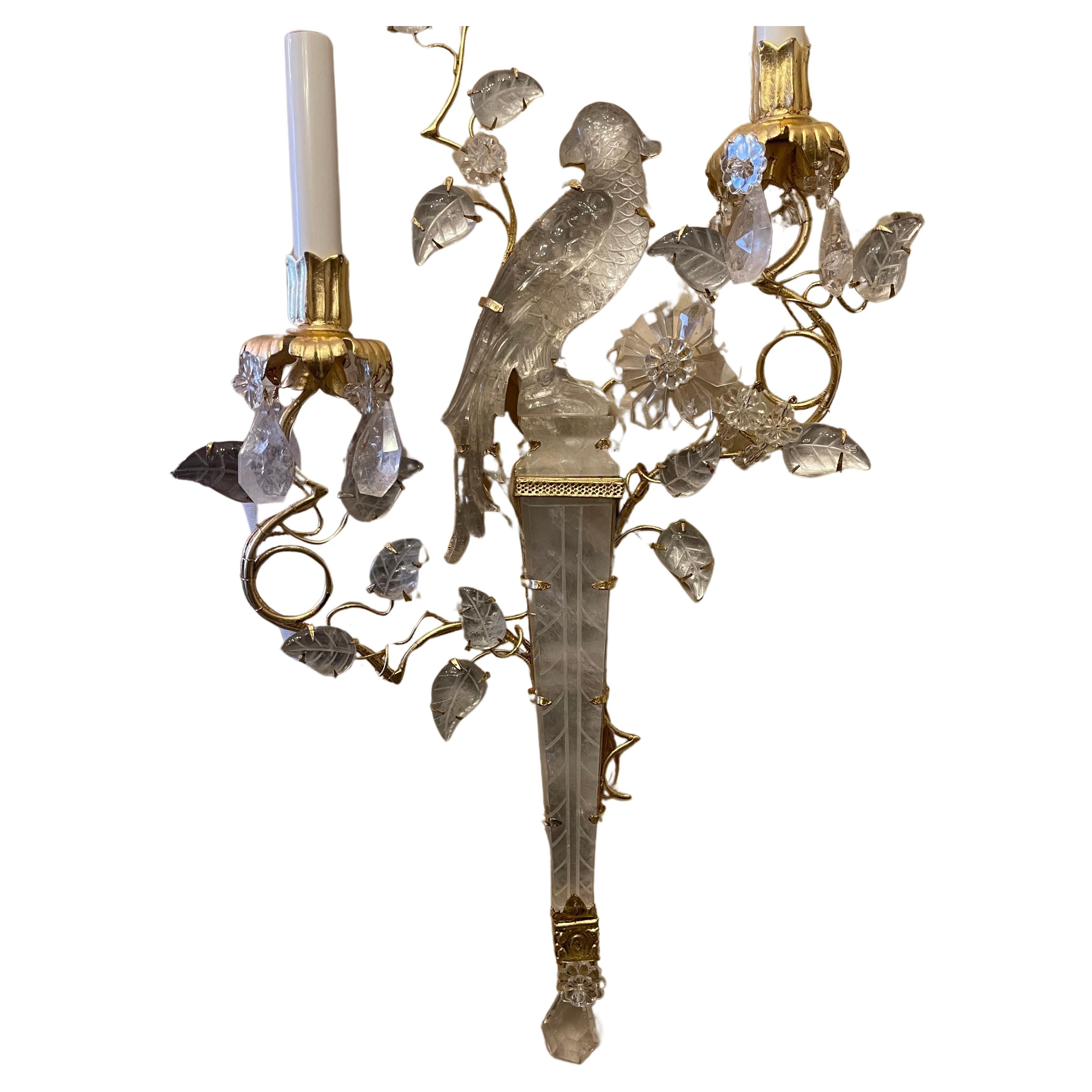 Wonderful Pair Large Bagues Rock Crystal Two-Arm Gold Gilt Bird Parrot Sconces In Good Condition For Sale In Roslyn, NY