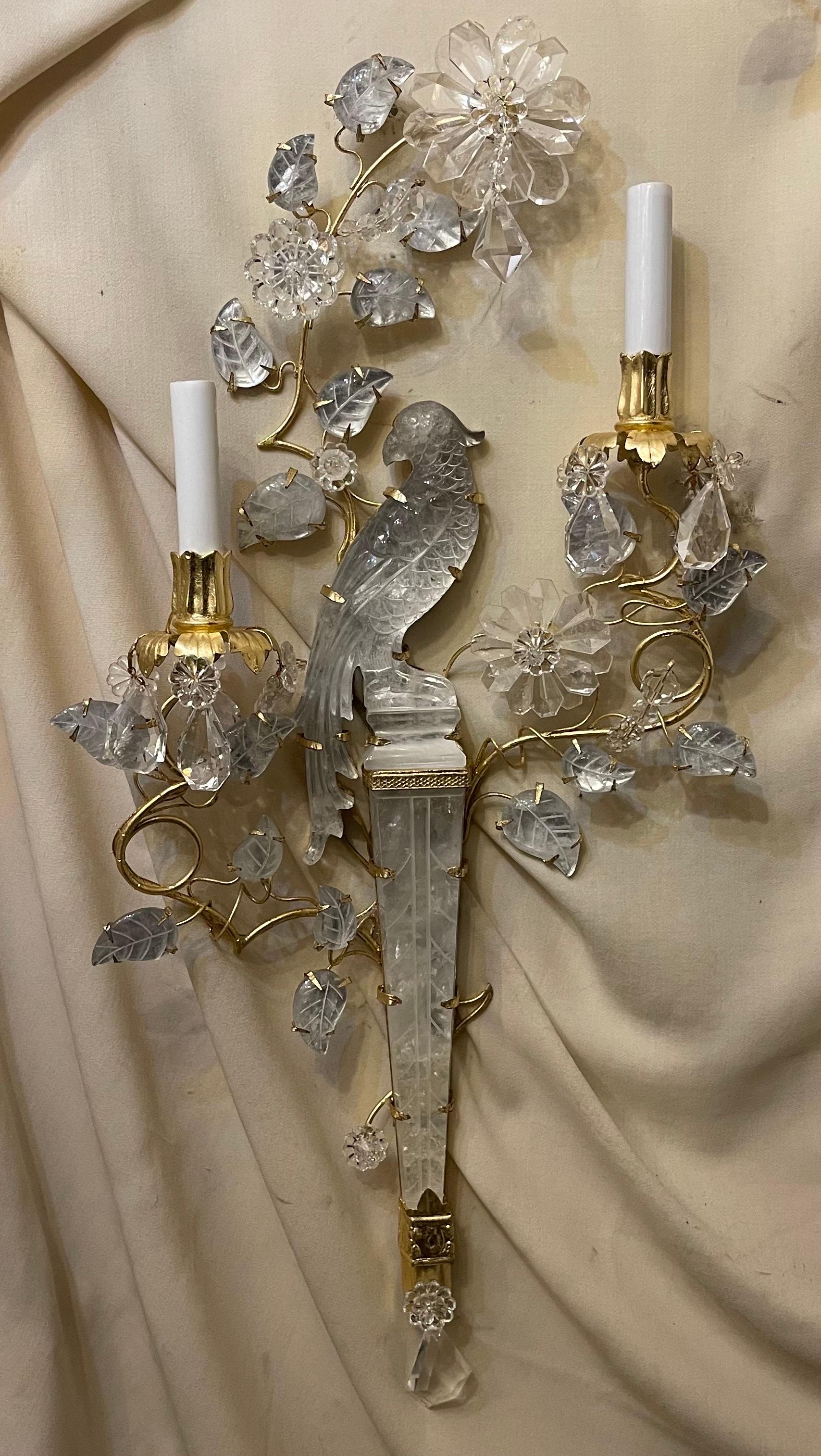 20th Century Wonderful Pair Large Bagues Rock Crystal Two-Arm Gold Gilt Bird Parrot Sconces For Sale