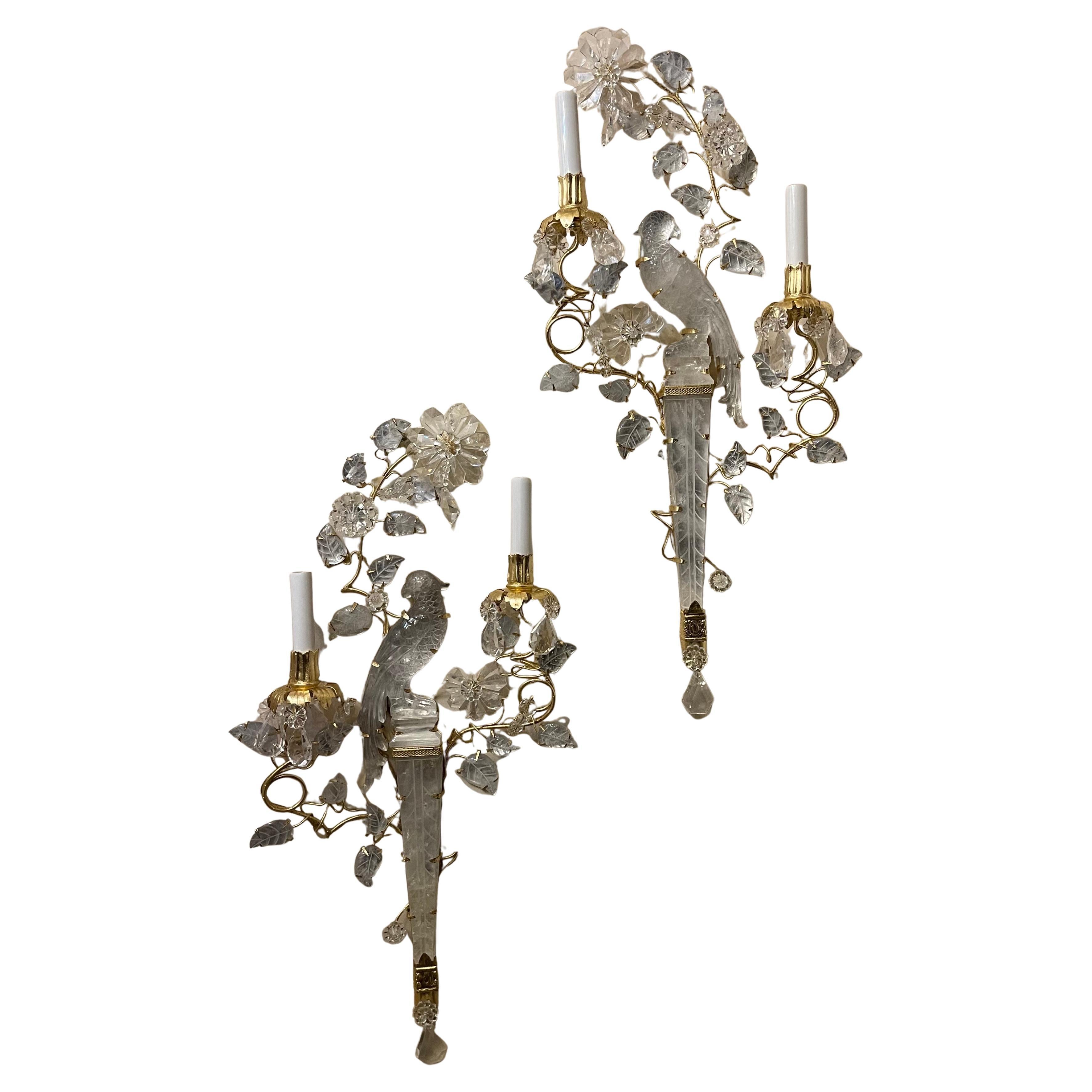 Wonderful Pair Large Bagues Rock Crystal Two-Arm Gold Gilt Bird Parrot Sconces For Sale