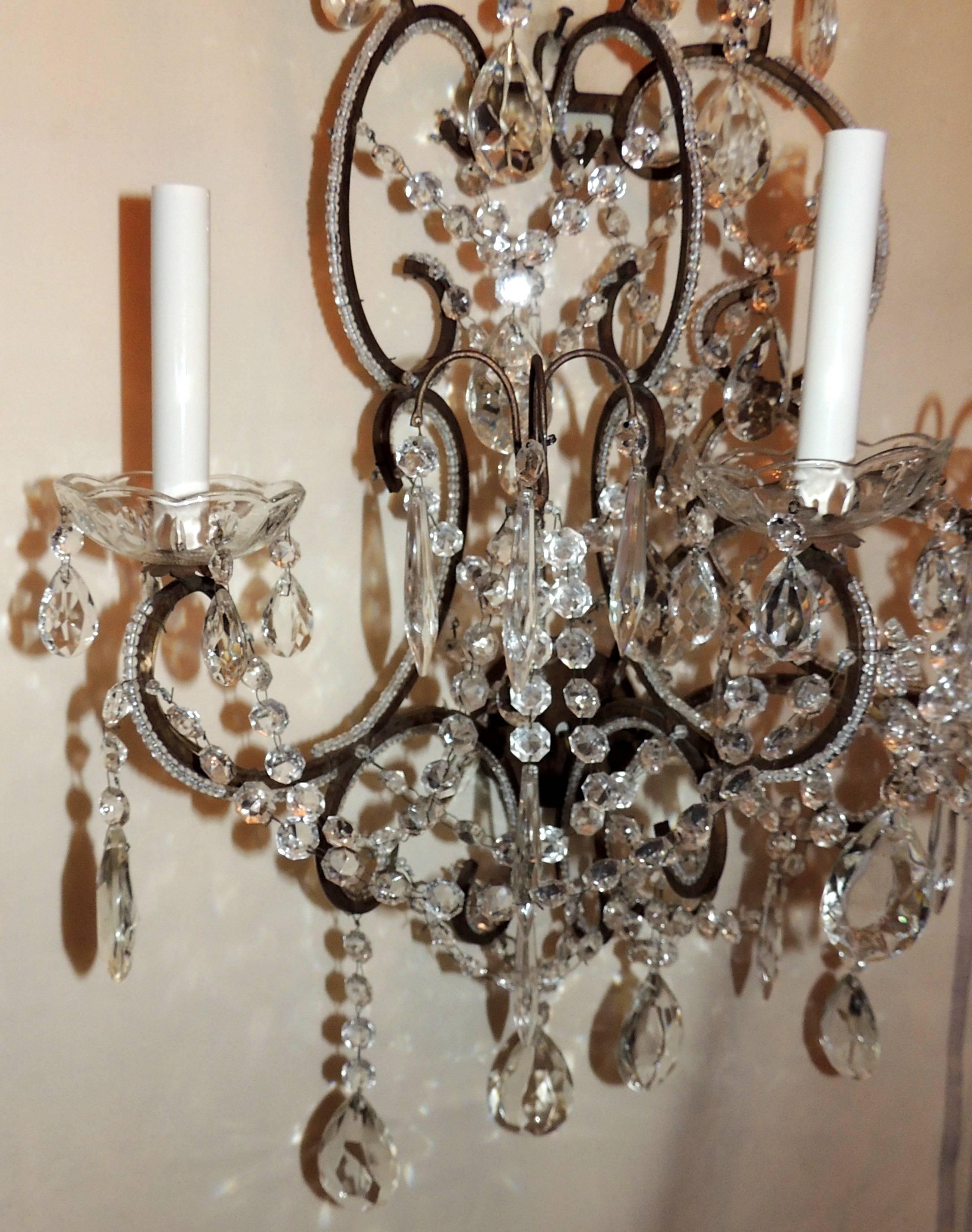 Late 20th Century Wonderful Pair of Large Beaded Crystal Swag Italian Three-Light Sconces For Sale