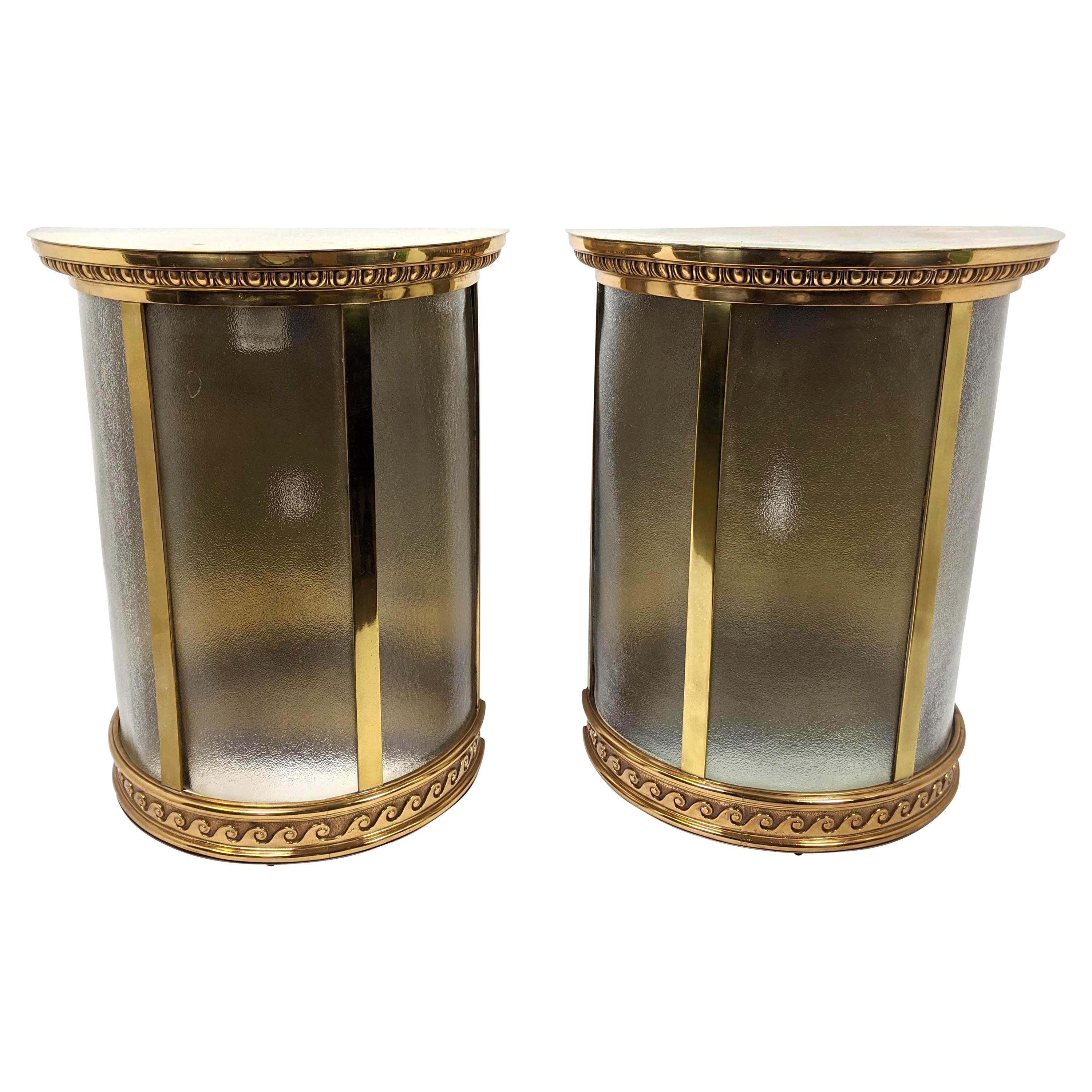 Wonderful Pair Large Bronze Brass Half Round Bowed Glass Lantern Wall Sconces