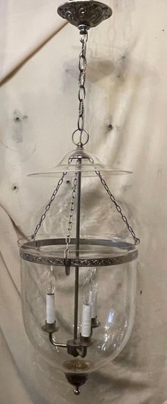 Wonderful Pair Large Brushed Nickel Blown Glass Bell Jar Lanterns Light Fixtures