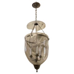 Wonderful Pair Large Brushed Nickel Blown Glass Bell Jar Lanterns Light Fixtures