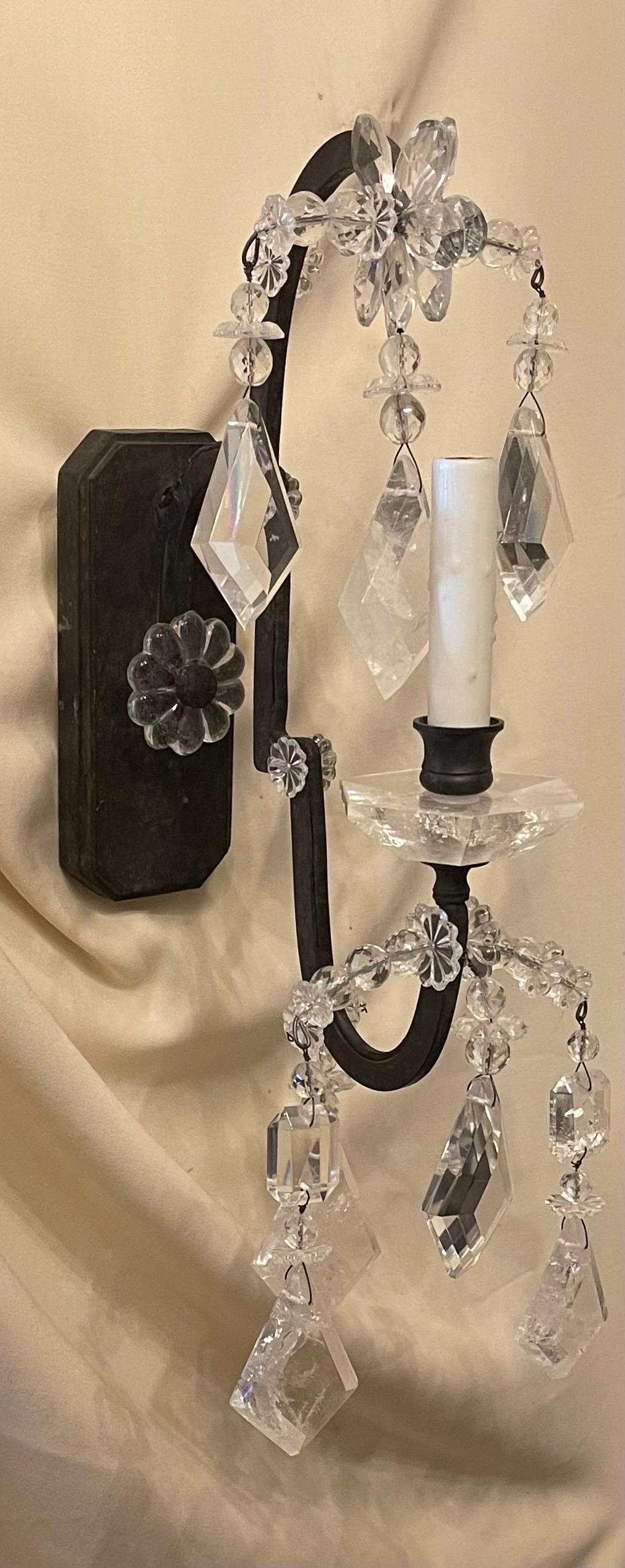 A Wonderful Pair Of Large French Wrought Iron & Rock Crystal Maison Baguès Style Sconces Each With A Candelabra Socket And Set Above A Faceted Rock Crystal Bobeches.