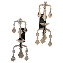 Wonderful Pair Large French Wrought Iron & Rock Crystal Maison Baguès Sconces