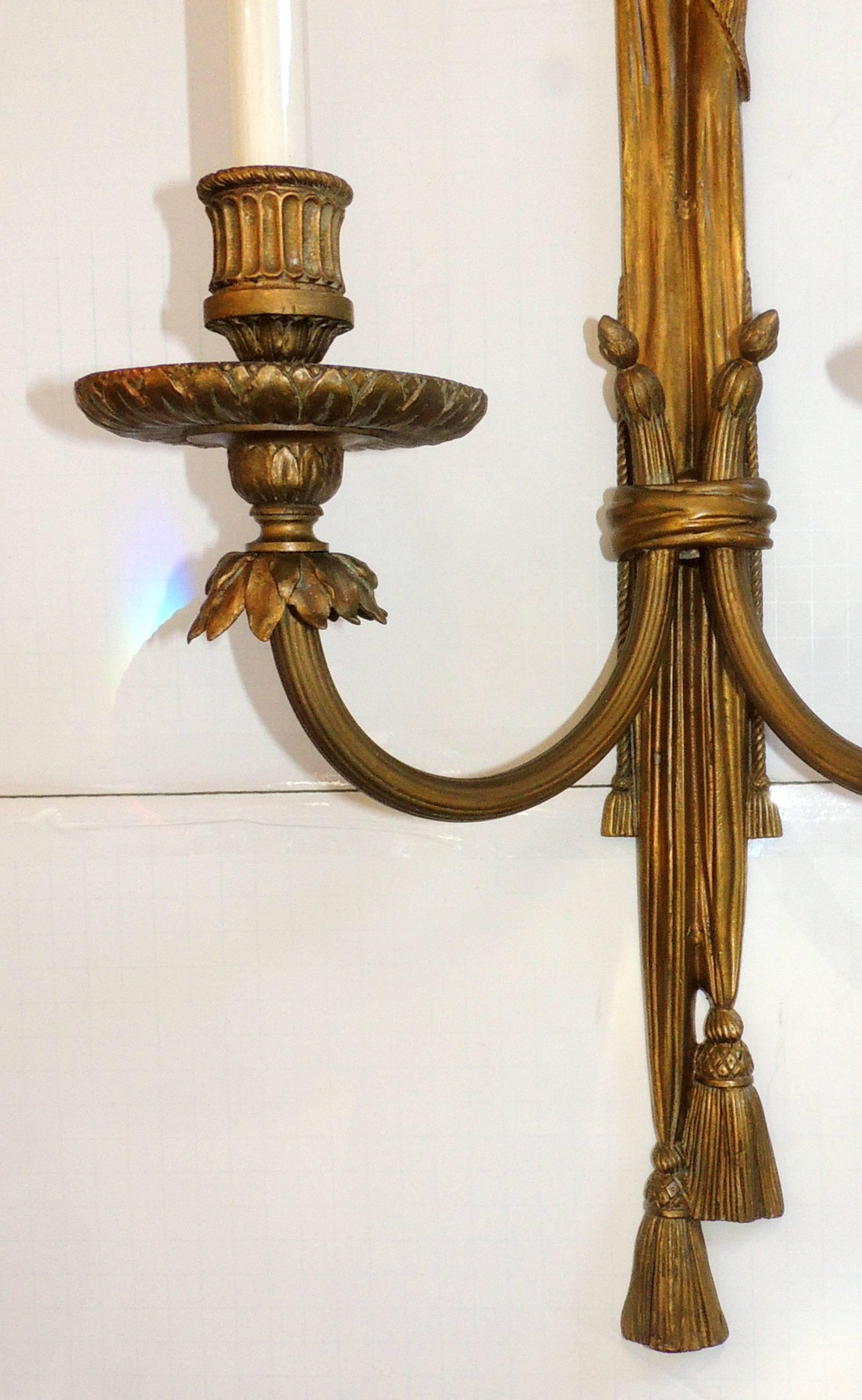 Neoclassical Wonderful Large Gilt Bronze E.F. Caldwell Two-Light Ribbon Tassel Sconces, Pair
