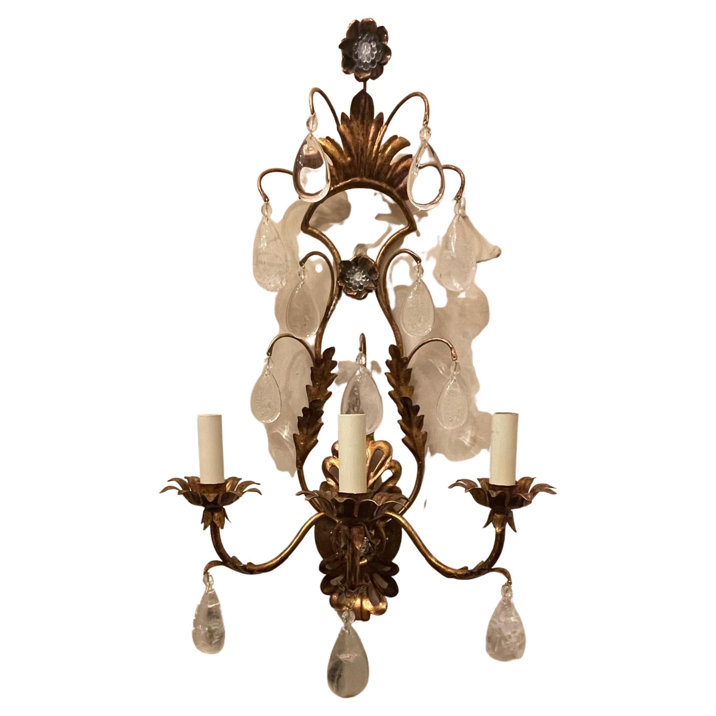 A wonderful pair large Maison Baguès style rock crystal / crystal drop gold gilt tole filigree sconces by Vaughan designs with UL listing, ready to install with mounting hardware.