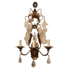 Wonderful Pair Large Maison Baguès Rock Crystal Gold Gilt Tole Filigree Sconces
