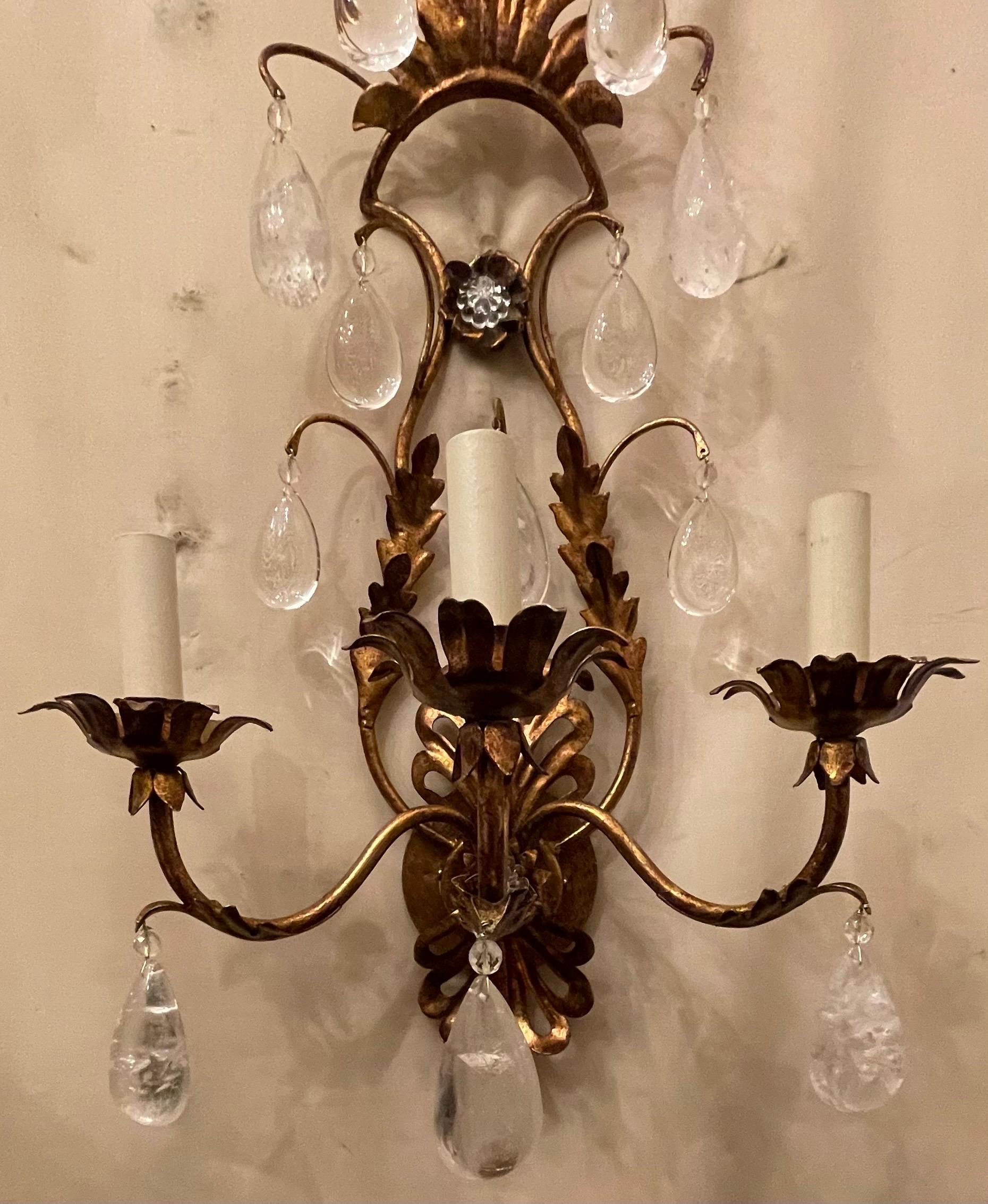 Wonderful Pair Large Maison Baguès Rock Crystal Gold Gilt Tole Filigree Sconces In Good Condition For Sale In Roslyn, NY