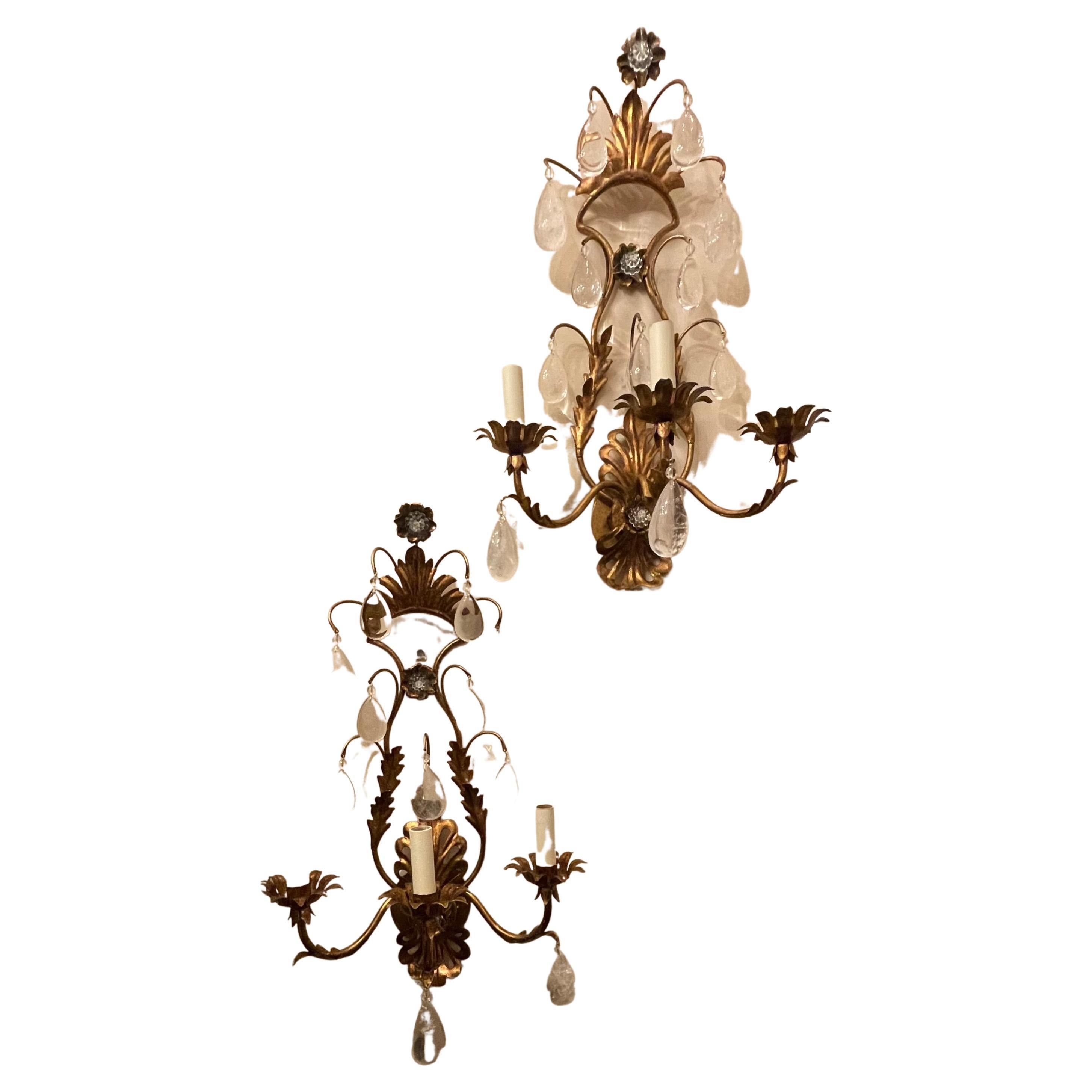 Wonderful Pair Large Maison Baguès Rock Crystal Gold Gilt Tole Filigree Sconces