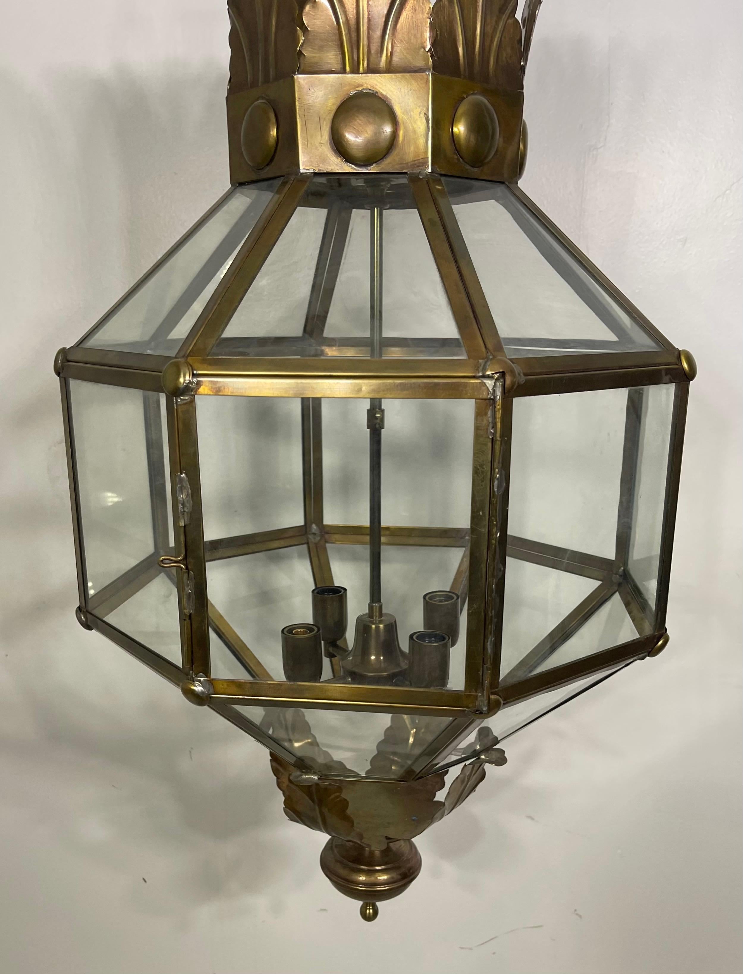 Wonderful Pair Large Octagon Brass Panel Glass Palm Beach Lanterns Fixtures In Good Condition For Sale In Roslyn, NY